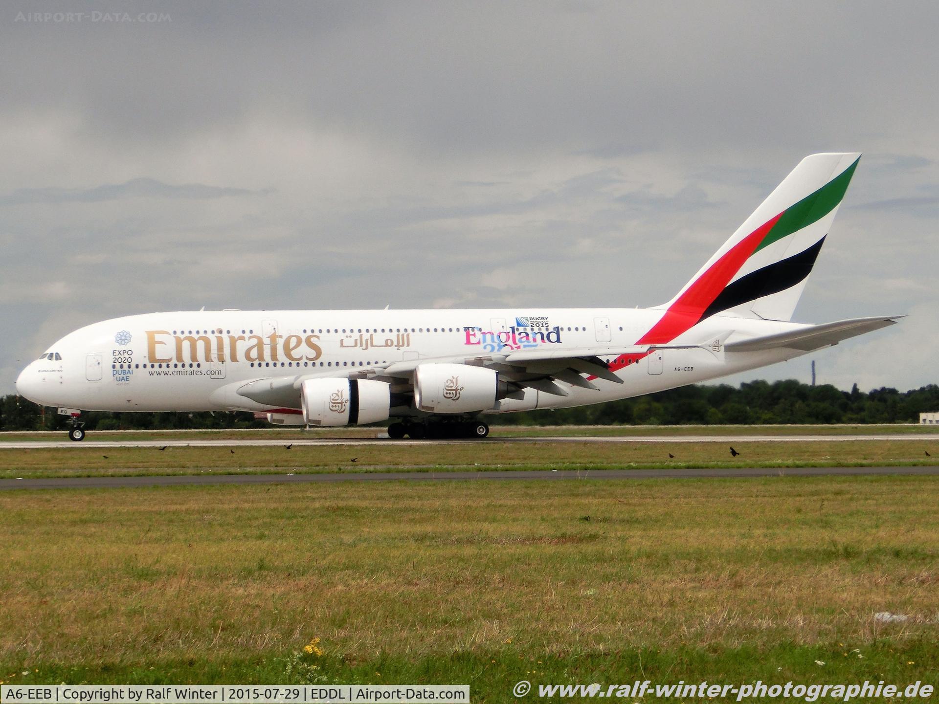 A6-EEB, 2012 Airbus A380-861 C/N 109, Airbus A380-861 - EK UAE Emirates 'Rugby World Cup 2015' - 109 - A6-EEB - 29.07.2015 - DUS