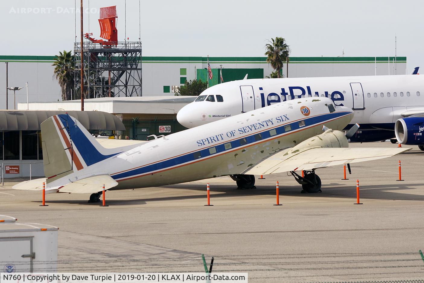 N760, 1941 Douglas DC-3 C/N 3269,  Per Wikimapia, The Western Museum of Flight's DC-3, Serial No. 3269, was rolled out at the Douglas plant in Santa Monica on January 17, 1941. In 1956 the aircraft was transferred to the Union Oil Company (Union 76) and the license was changed to N760. 