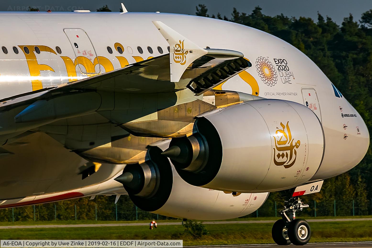 A6-EOA, 2014 Airbus A380-861 C/N 159, evening, Rwy 18 Frankfurt