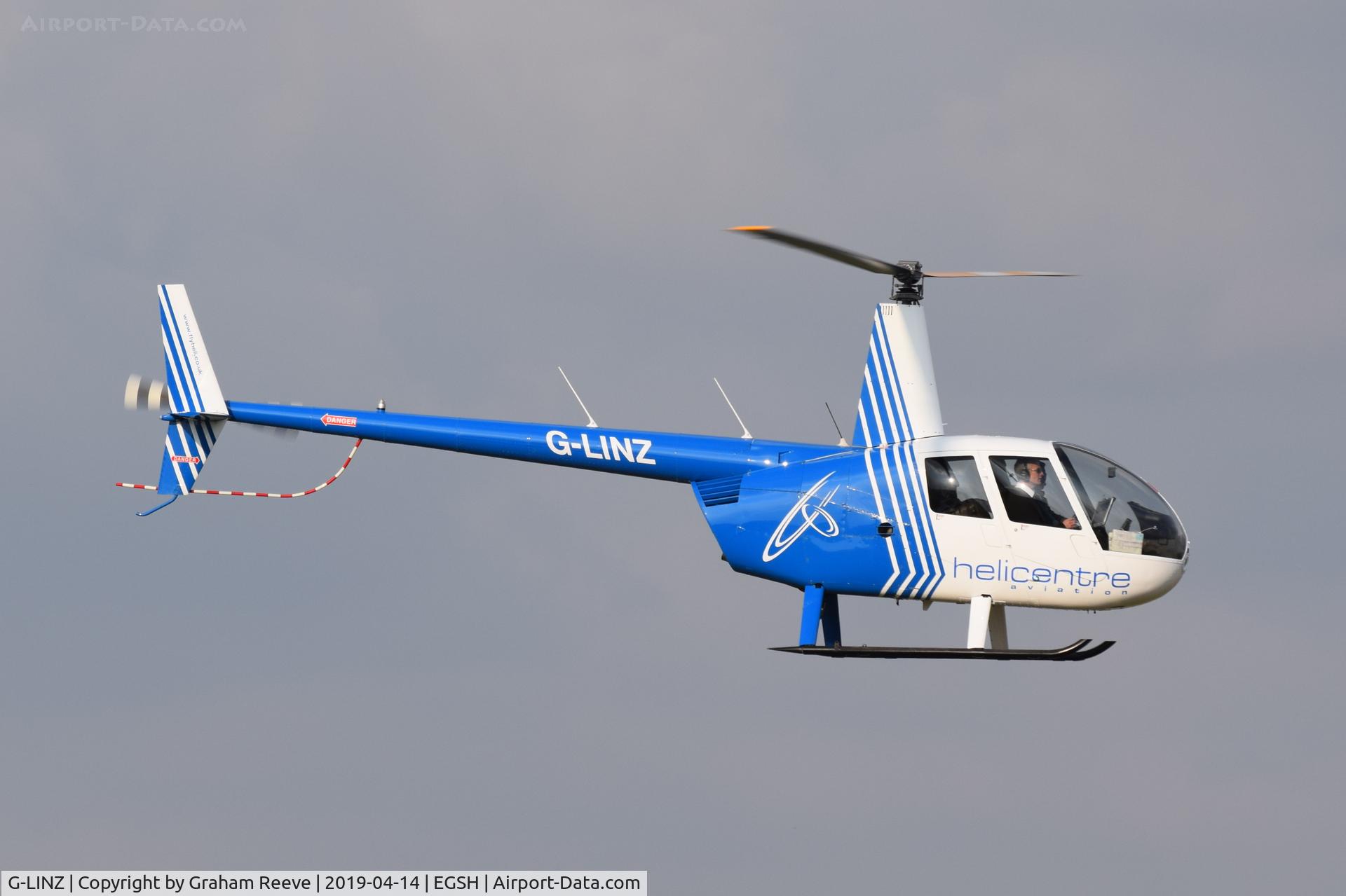 G-LINZ, 2007 Robinson R44 Raven II C/N 11911, Landing at Norwich.