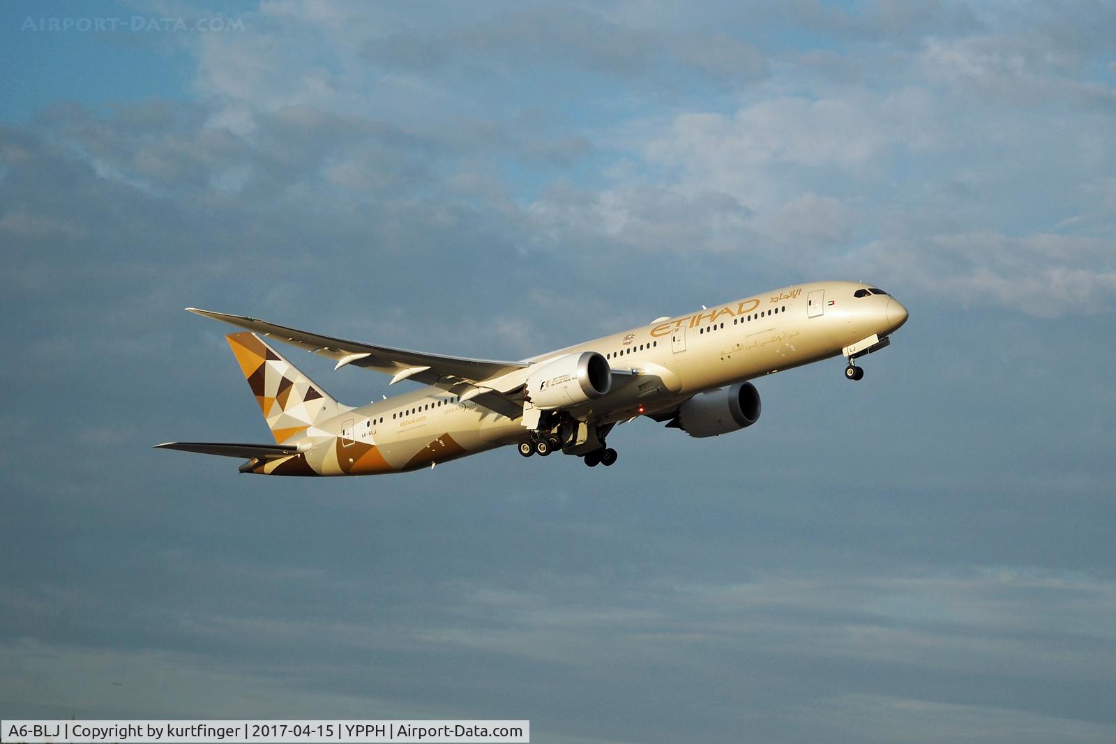A6-BLJ, 2016 Boeing 787-9 Dreamliner Dreamliner C/N 39657, Boeing 787-9. Etihad  A6-BLJ. Departed runway 21, Perth Int'l.