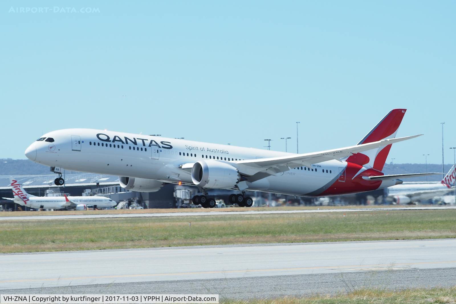 VH-ZNA, 2017 Boeing 787-9 Dreamliner C/N 39038, Boeing 787-9. Qantas VH-ZNA, clearing runway 03, Perth Int'l. 03/11/17