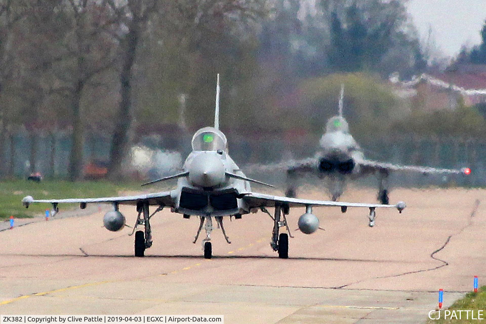 ZK382, 2012 Eurofighter EF-2000 Typhoon T.3 C/N BT027/372, ZK382 leads ZJ931 to the runway @ EGXC