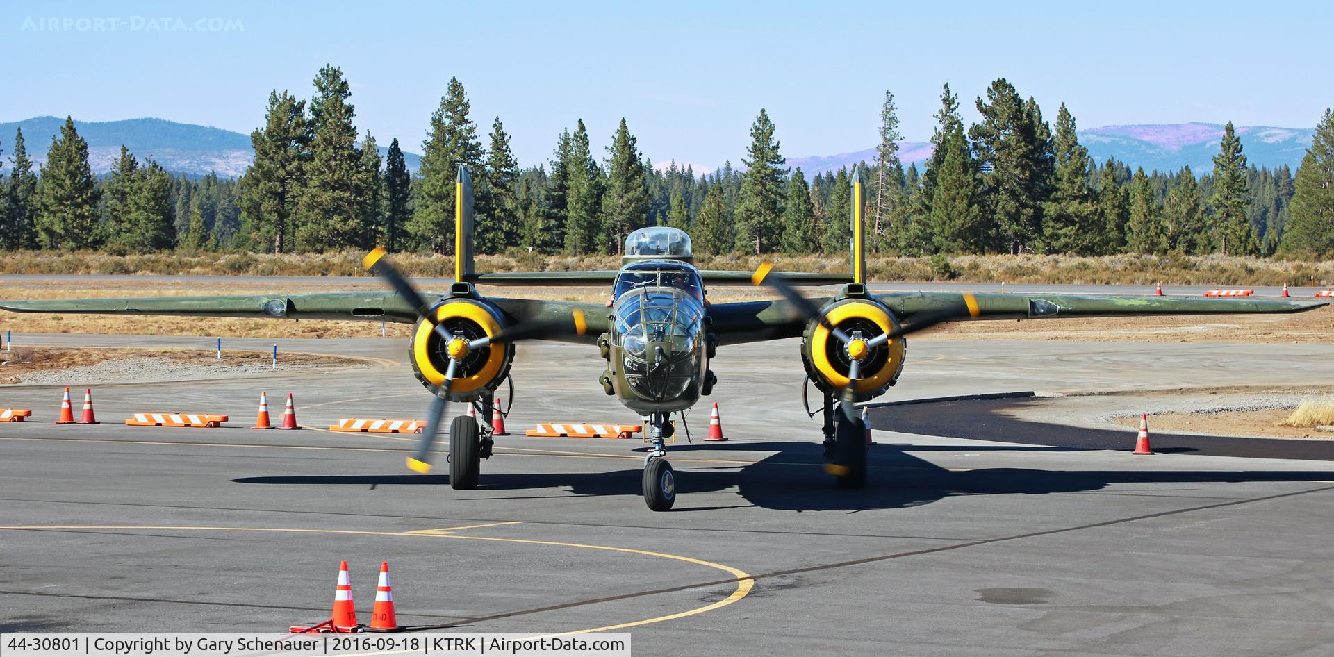 44-30801, 1944 North American TB-25N Mitchell C/N 108-34076, (Also Reg. N30801)  Rolling to a parking position on the Truckee Airport (KTRK) ramp.