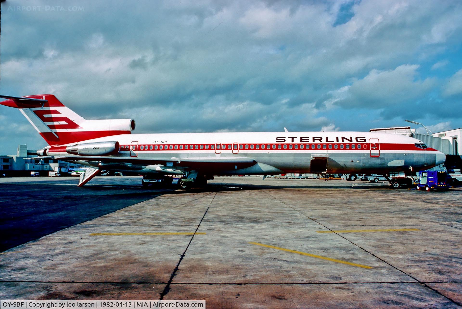 OY-SBF, 1980 Boeing 727-2J4F C/N 22080, Miami 13.4.1982 long way from Scandinavia.Fuelstop Keflavik and Bangor.