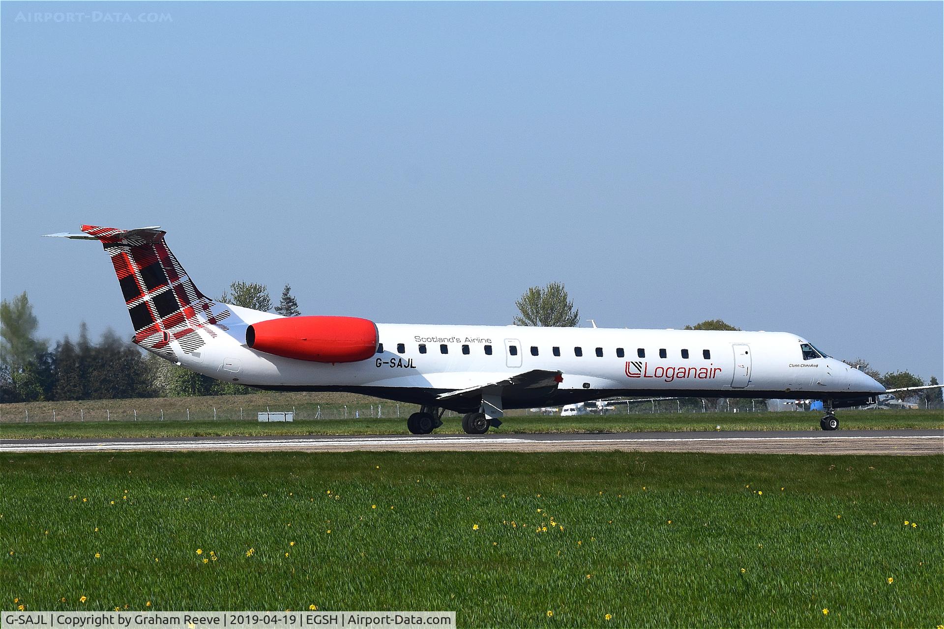 G-SAJL, 1999 Embraer EMB-145EP (ERJ-145EP) C/N 145136, Departing from Norwich.