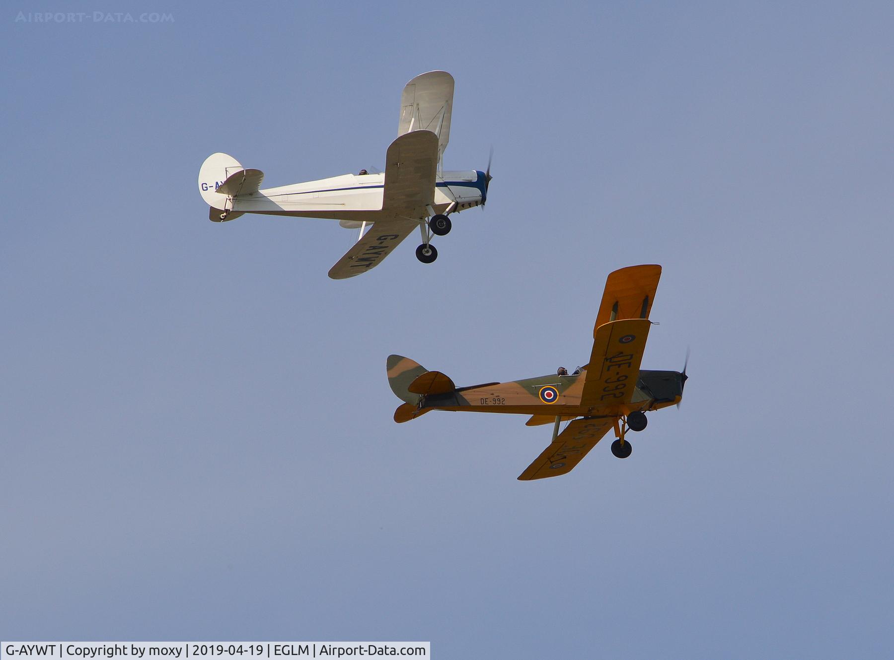 G-AYWT, 1949 Stampe-Vertongen SV-4C C/N 1111, Stampe-Vertongen SV-4C departing White Waltham with Tiger Moth G-AXXV (DE992). An interesting comparison between the two famous biplanes.