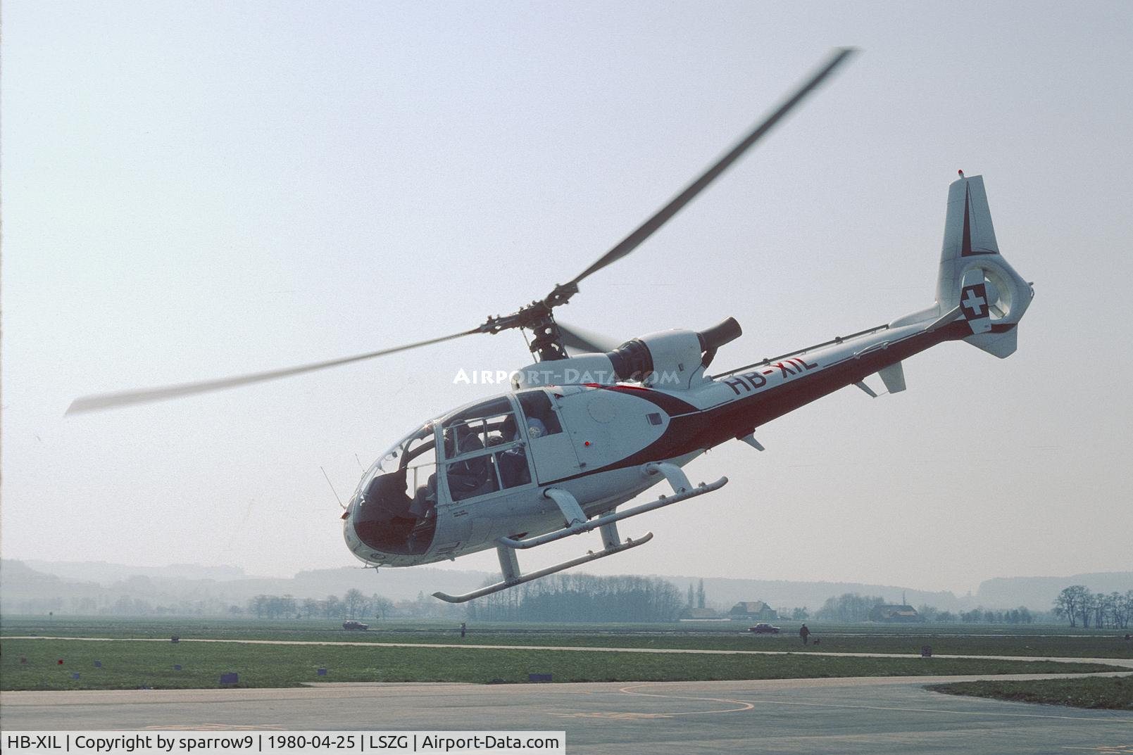 HB-XIL, 1973 Westland SA-341G Gazelle C/N WA1039, Changing position at Grenchen. HB-registered from 1979-09-18 until 1982-08-31. Scanned from a slide.