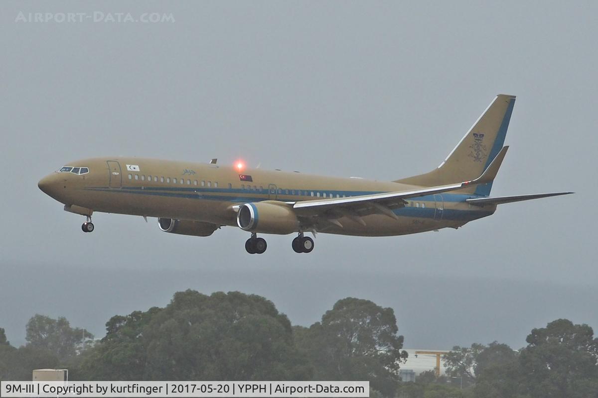 9M-III, 2014 Boeing 737-82Z C/N 60686, Boeing 737. Sultan of Johore 9M-III. Perth Int'l 20/05/17. Heavy overcast with rain squalls spoils the look of this aircraft, the finish in bright light is eye-catching.