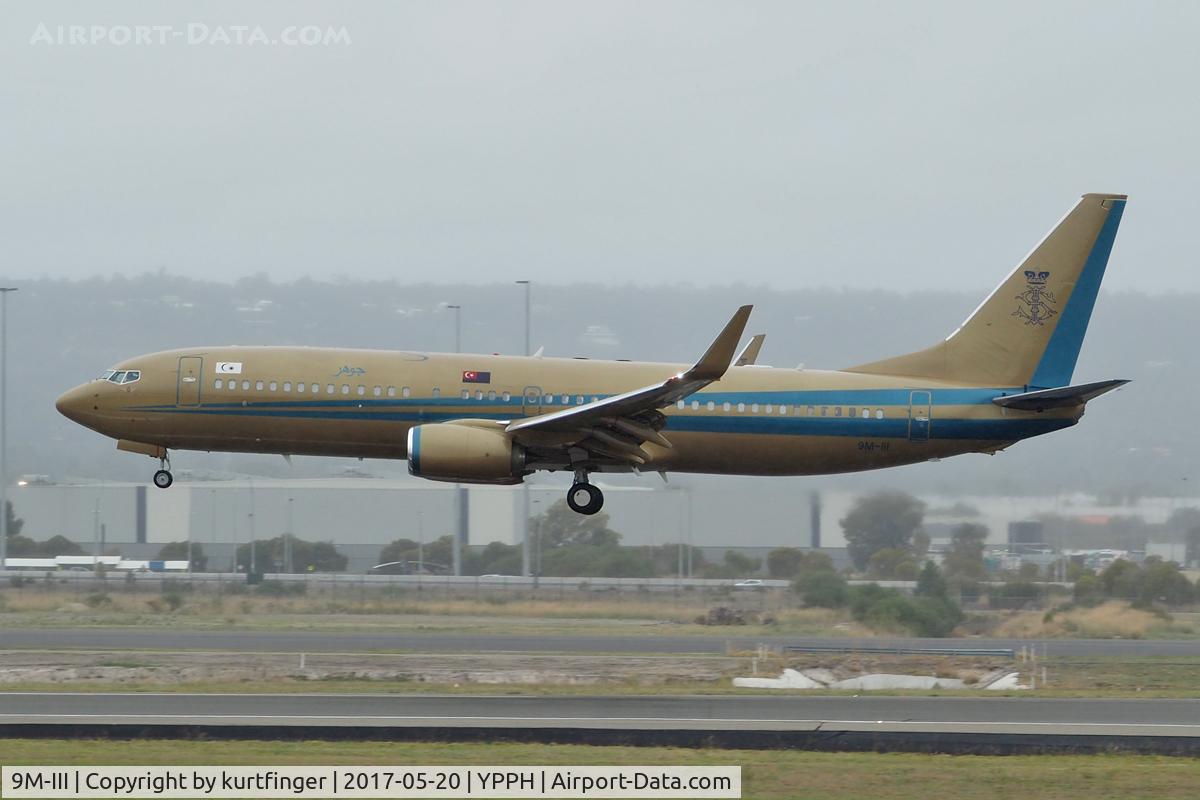 9M-III, 2014 Boeing 737-82Z C/N 60686, Boeing 737. Sultan of Johore 9M-III. Perth Int'l 20/05/17. Heavy overcast with rain squalls spoils the look of this aircraft, the finish in bright light is eye-catching.