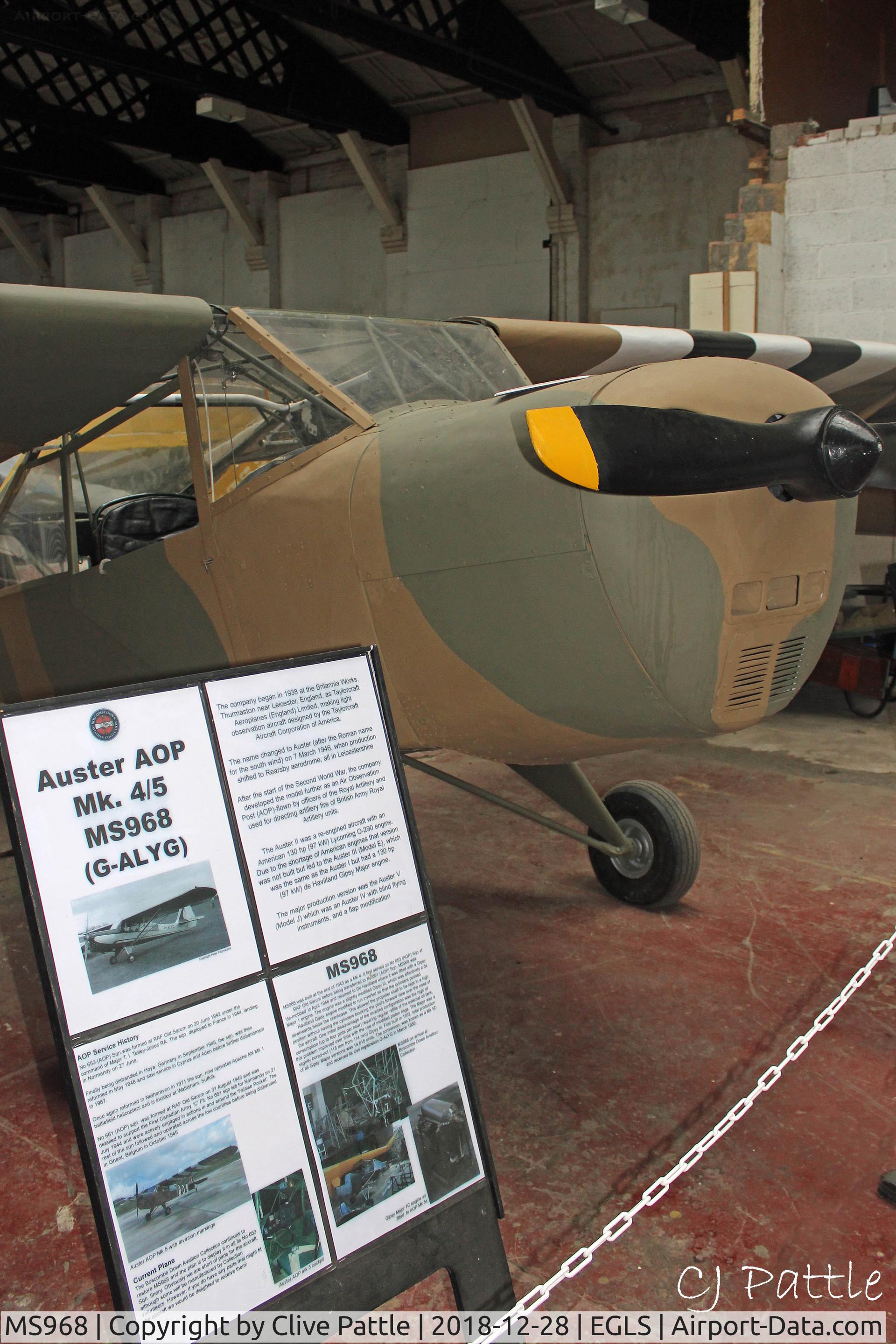 MS968, Auster AOP.5 C/N 835, - on display at the Boscombe Down Aviation Collection at Old Sarum, EGLS.
