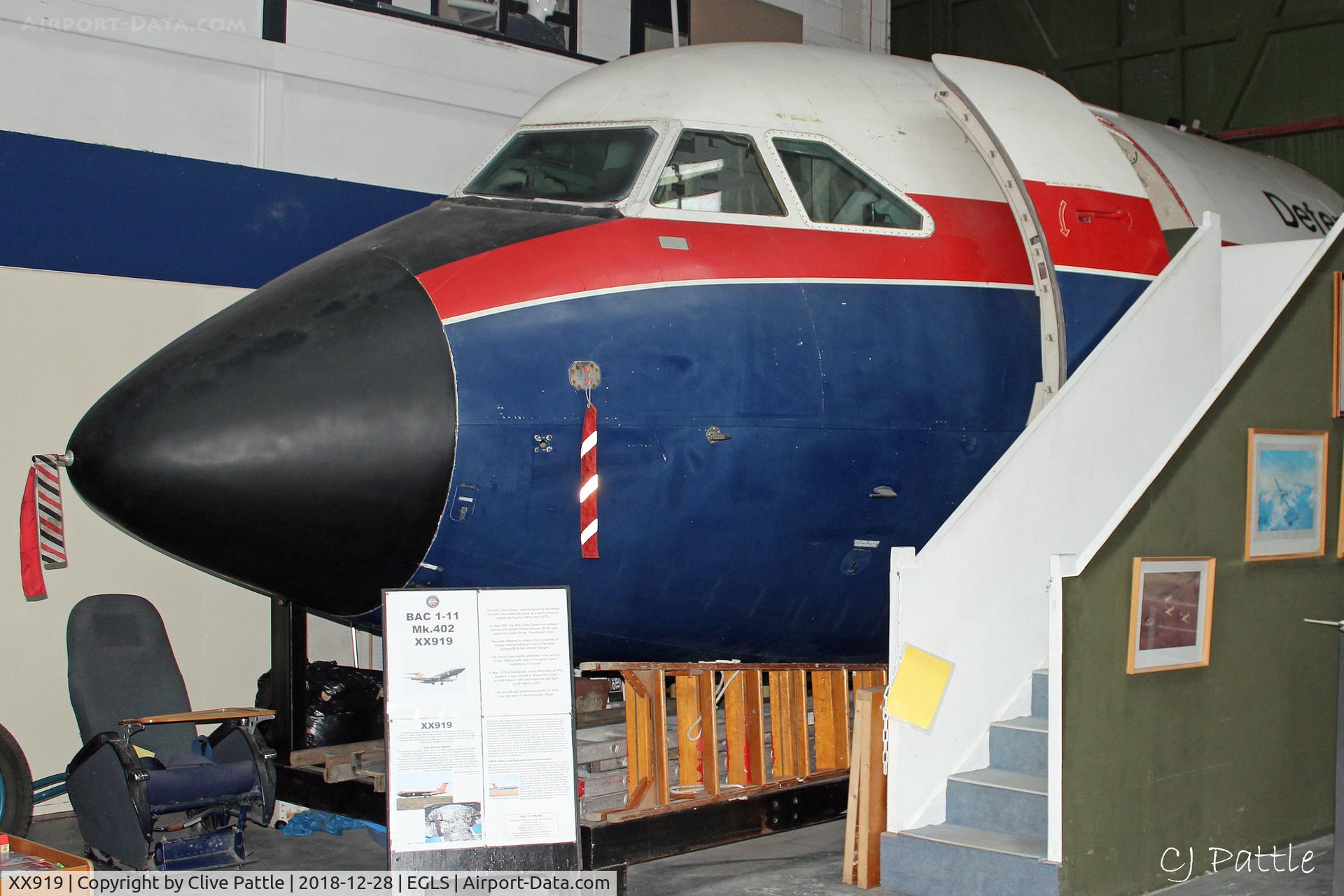 XX919, 1966 BAC 111-402AP One-Eleven C/N BAC.091, Cockpit and forward fuselage section - on display at the Boscombe Down Aviation Collection (BDAC) at Old Sarum Airfield , EGLS. Ex DERA and RAE.