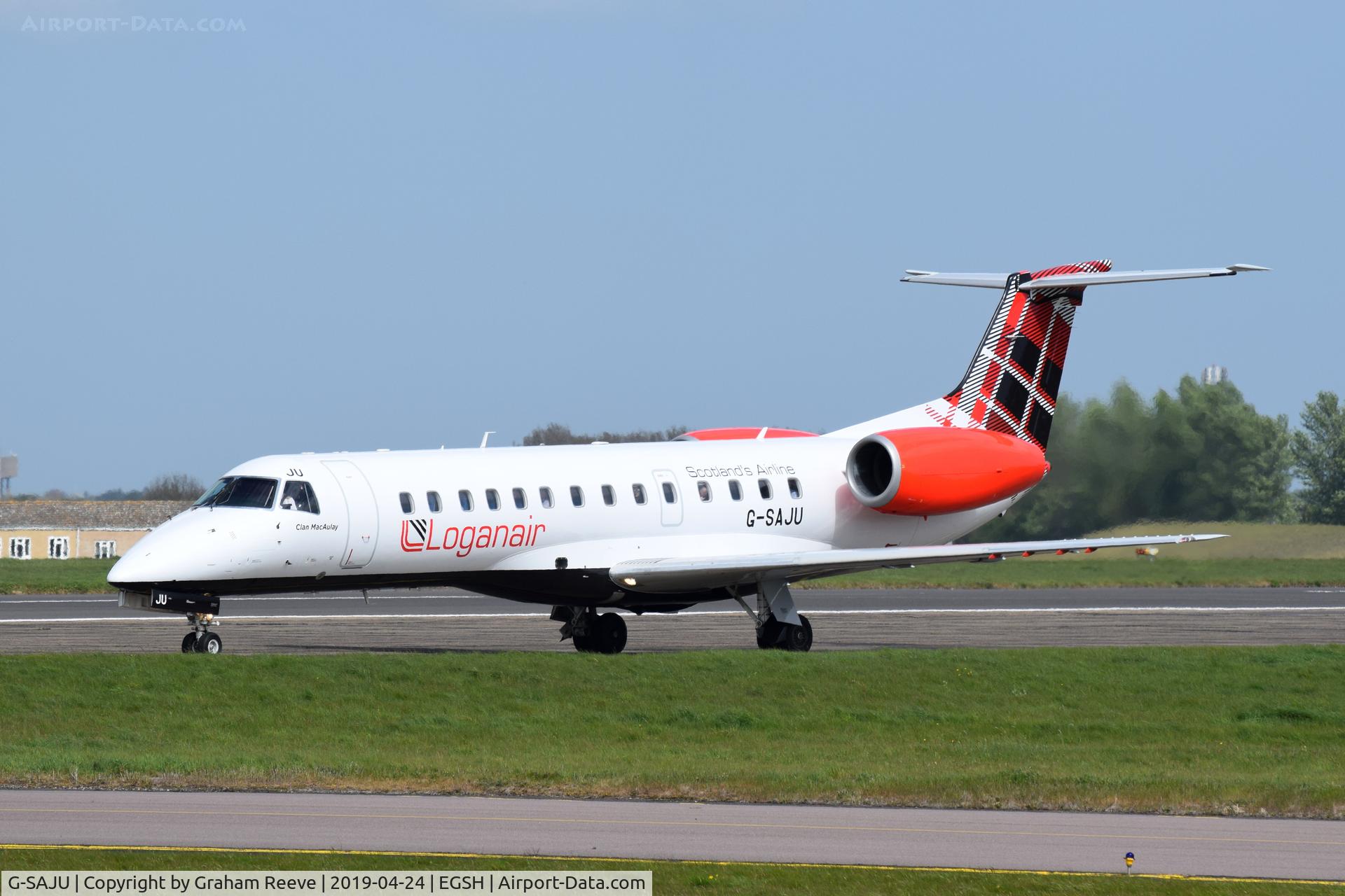 G-SAJU, 2001 Embraer ERJ-135ER (EMB-135ER) C/N 145494, Departing from Norwich.