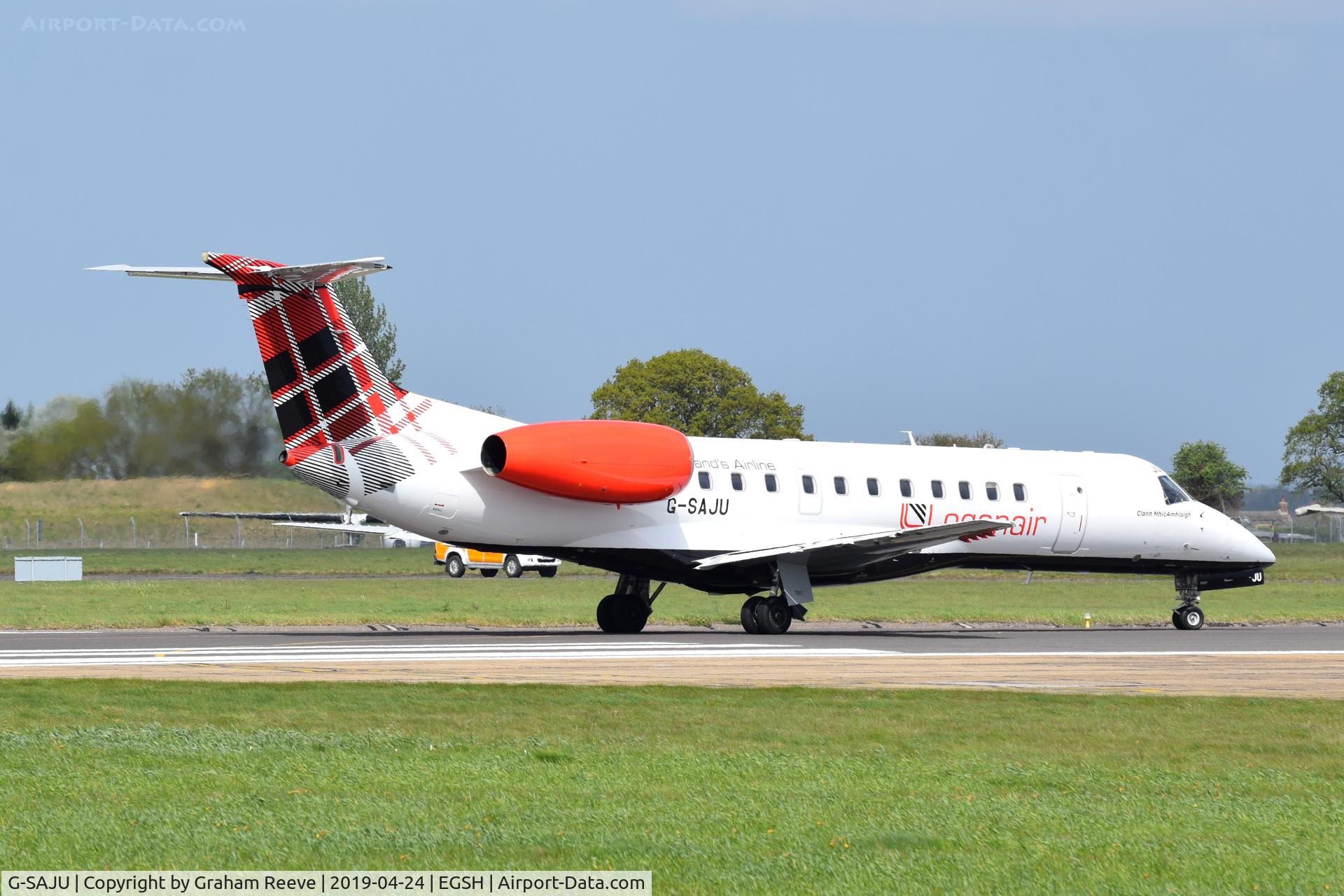G-SAJU, 2001 Embraer ERJ-135ER (EMB-135ER) C/N 145494, Departing from Norwich.