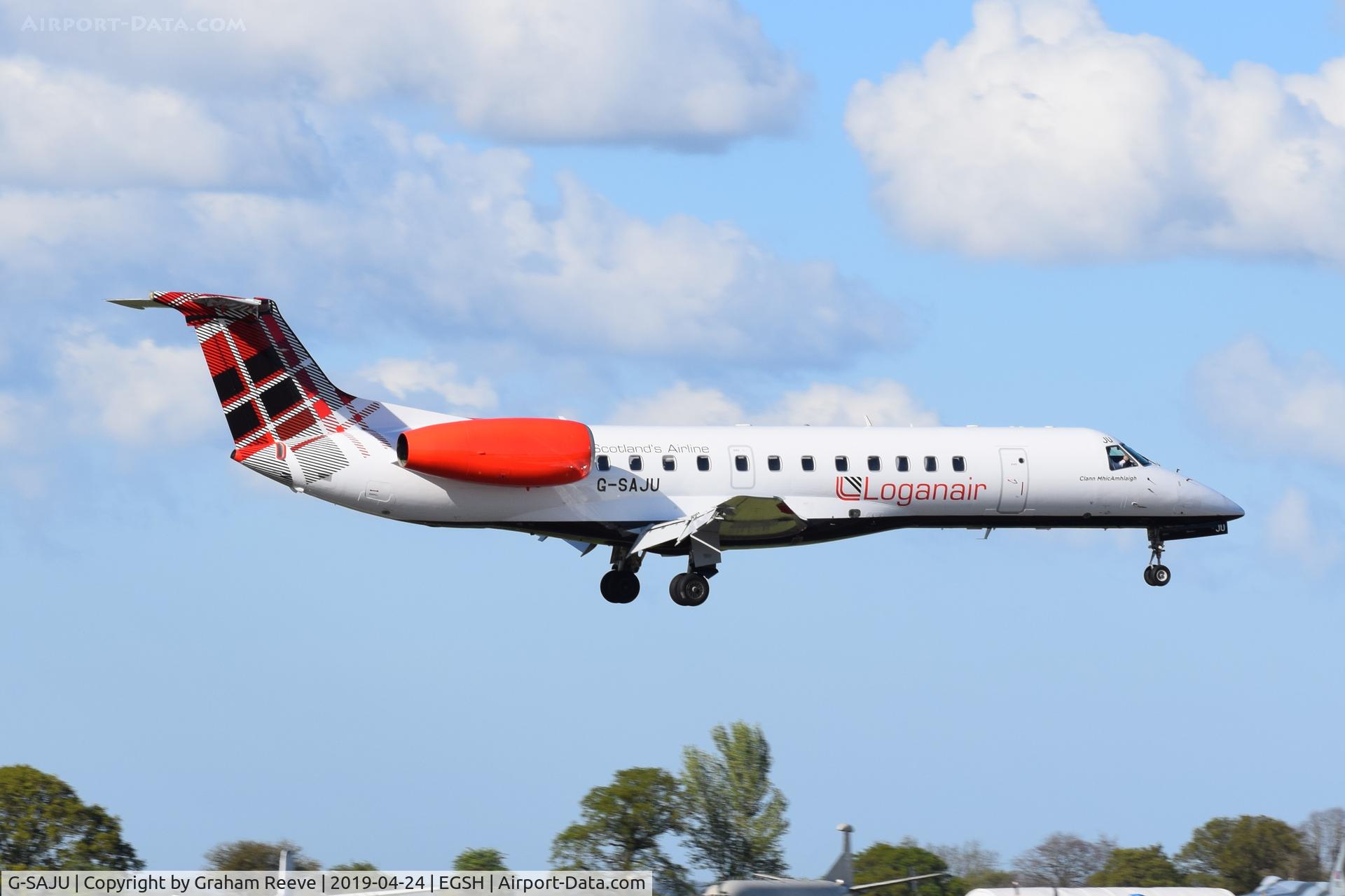 G-SAJU, 2001 Embraer ERJ-135ER (EMB-135ER) C/N 145494, Landing at Norwich.