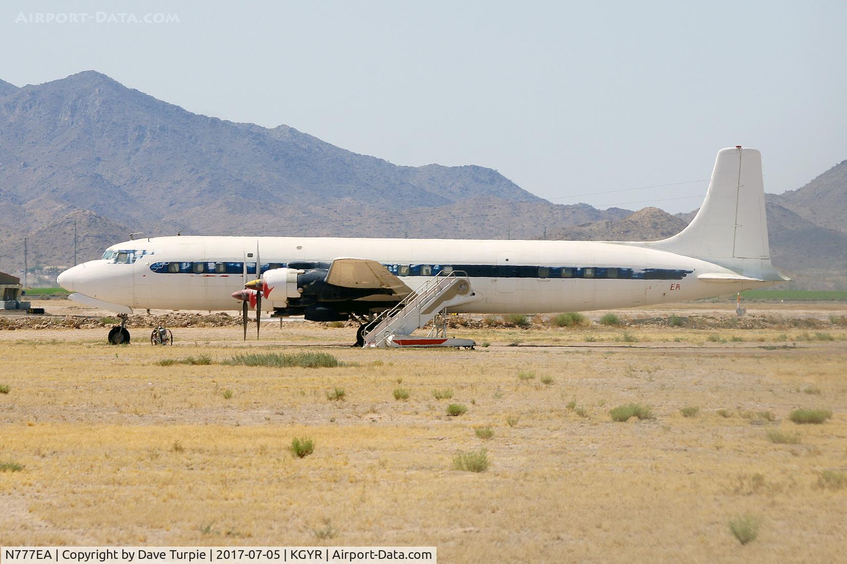 N777EA, 1958 Douglas DC-7C Seven Seas Seven Seas C/N 45549, Air worthiness date 4/4/1963; last DC-7 built. Now owned by Pyramid Oil Company, this plane has been at Phoenix/Goodyear Airport since its last flight on 21 February 1976. This is an ex-KLM (PH-DSR). Delivered with a nonstop flight from Long Beach>Paris.