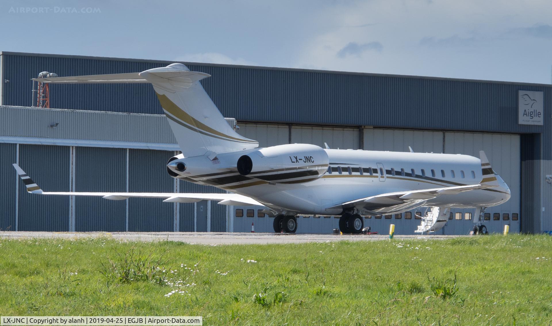 LX-JNC, 2007 Bombardier BD-700-1A10 Global Express C/N 9237, Outside Aigle hangar, Guernsey, after reg change
