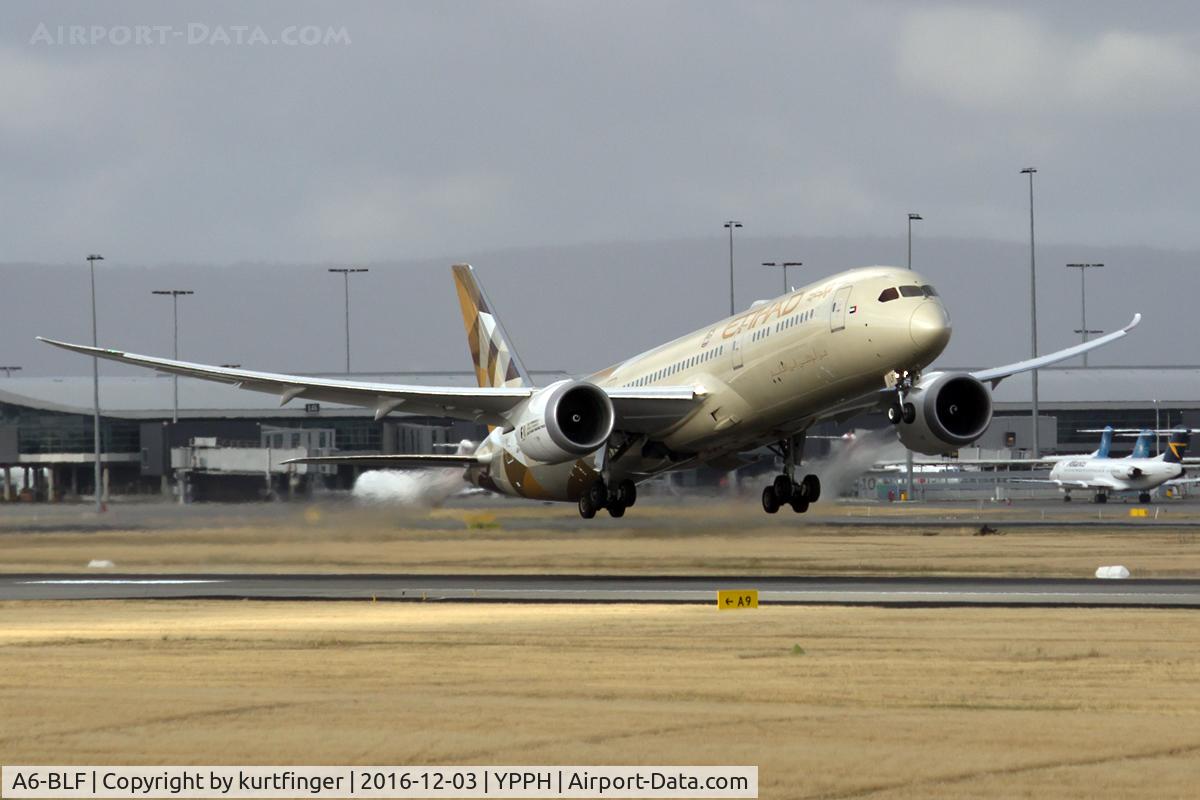 A6-BLF, 2016 Boeing 787-9 Dreamliner Dreamliner C/N 39651, Boeing B789. Etihad Airways A6-BLF. departed runway 21 YPPH 3/12/16.
