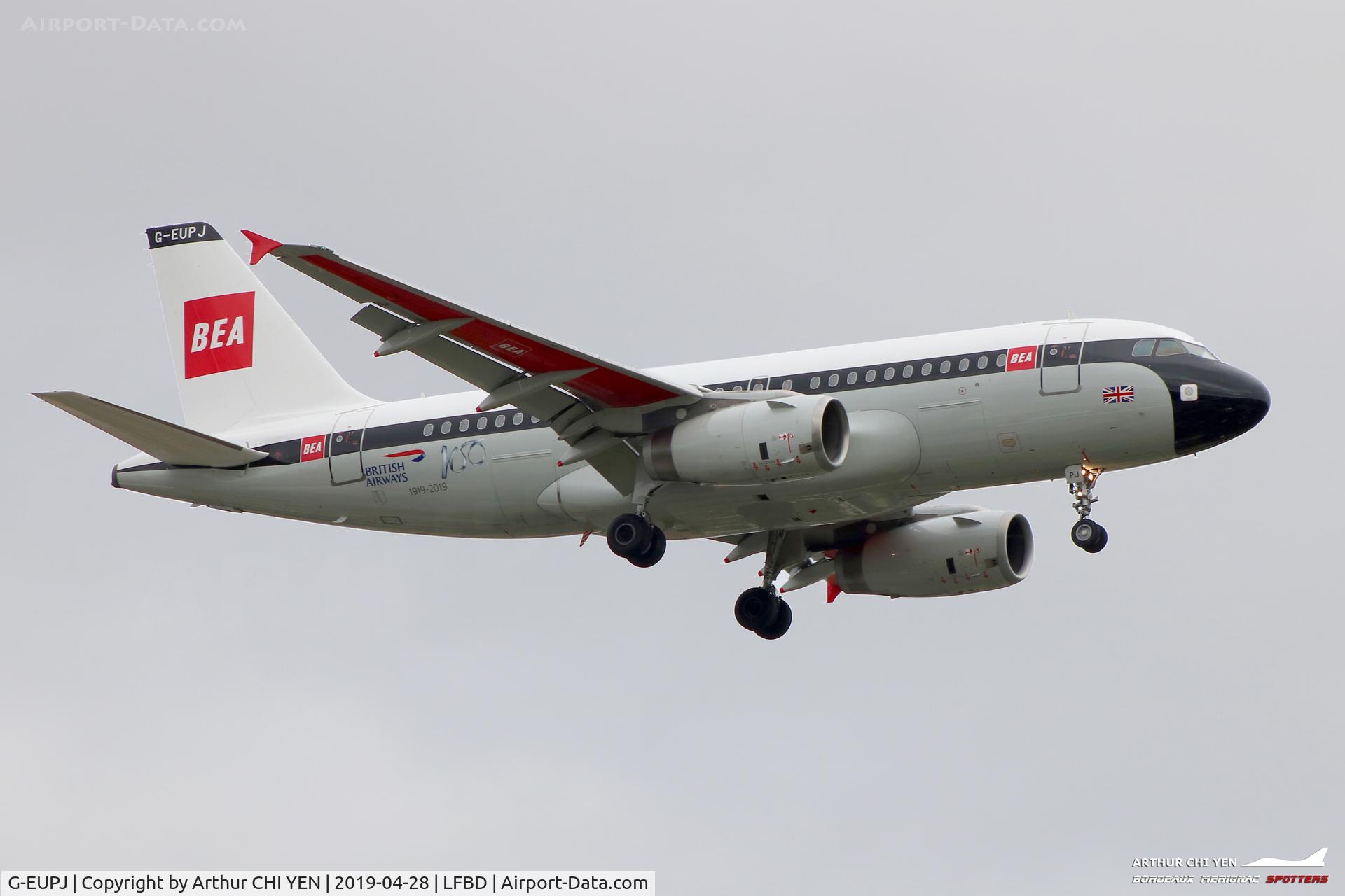 G-EUPJ, 2000 Airbus A319-131 C/N 1232, British Airways BEA retro livery first visit at Bordeaux.