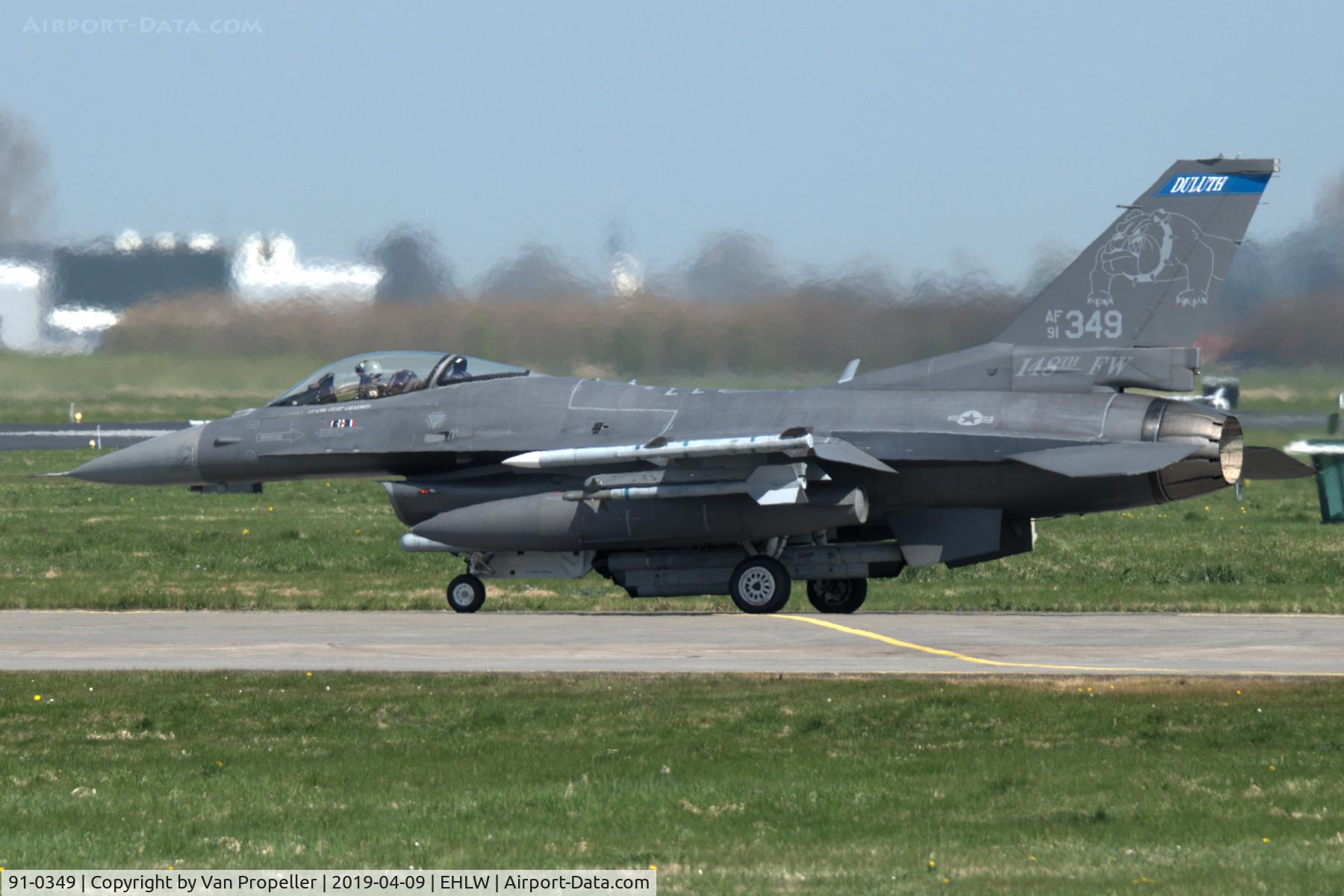 91-0349, 1991 General Dynamics F-16CJ Fighting Falcon C/N CC-47, Minnesota ANG F-16C taxying to the runway at Leeuwarden air base, the Netherlands, Frisian Flag 2019