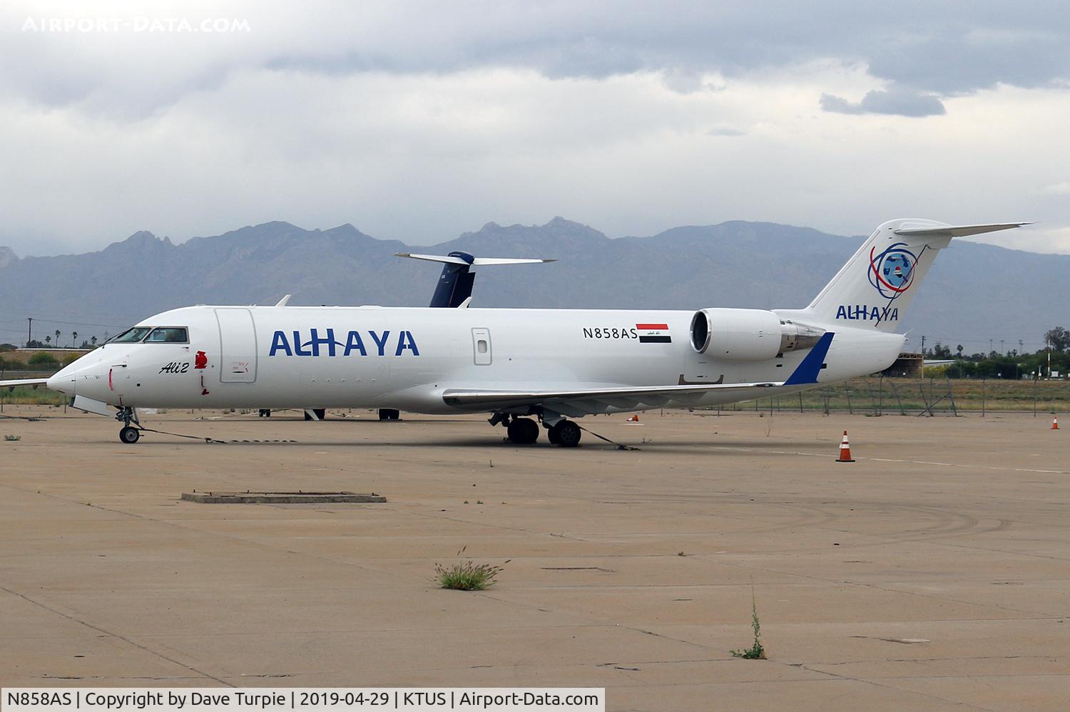 N858AS, 2000 Bombardier CRJ-200ER (CL-600-2B19) C/N 7417, Al Haya Airlines is a Kurdistan-based cargo carrier that specializes in regional operations based out of Erbil International (EBL). Founded in 2018, it may have already failed. If not, this aircraft will likely be registered as YI-BAR.