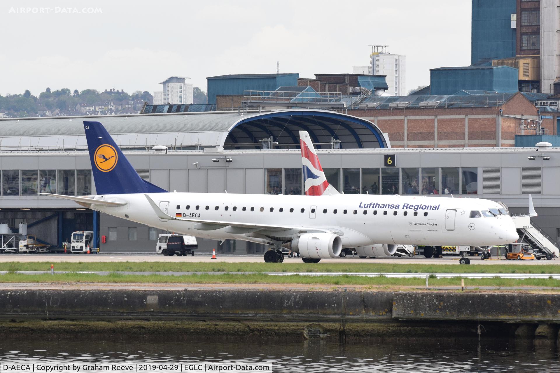 D-AECA, 2009 Embraer 190LR (ERJ-190-100LR) C/N 19000327, Departing from London City Airport.
