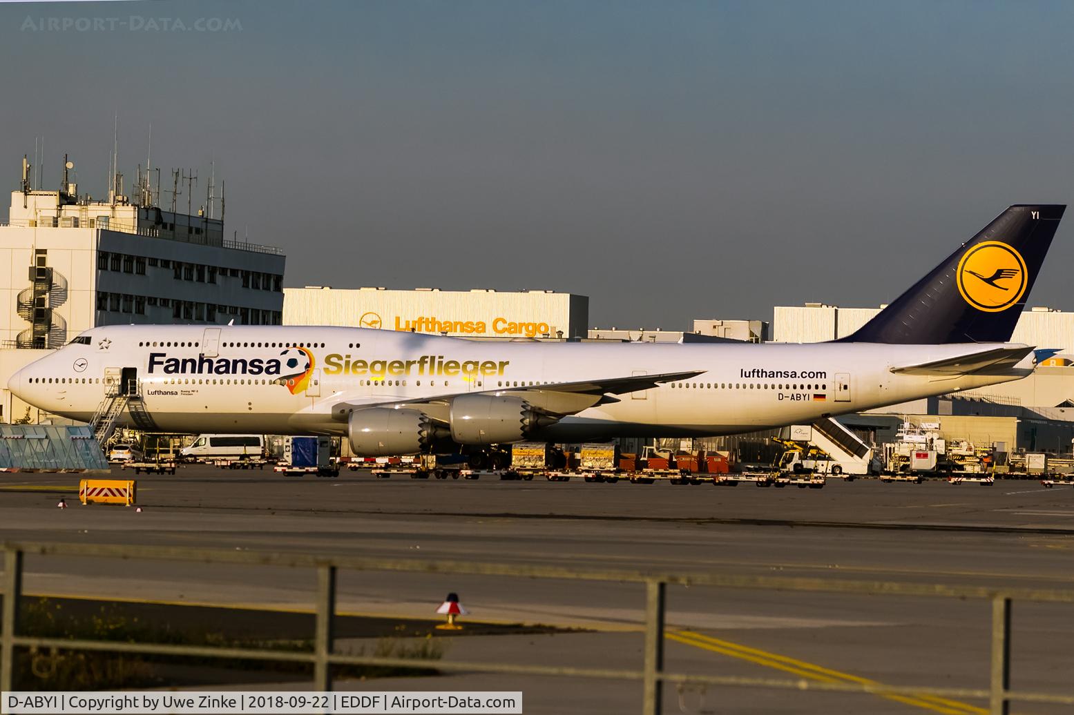 D-ABYI, 2013 Boeing 747-830 C/N 37833, evening sun at the service deck