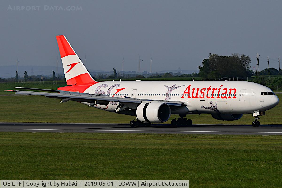OE-LPF, 2001 Boeing 777-2Q8/ER C/N 28692, Landing RWY 34 on a sunny but stormy day