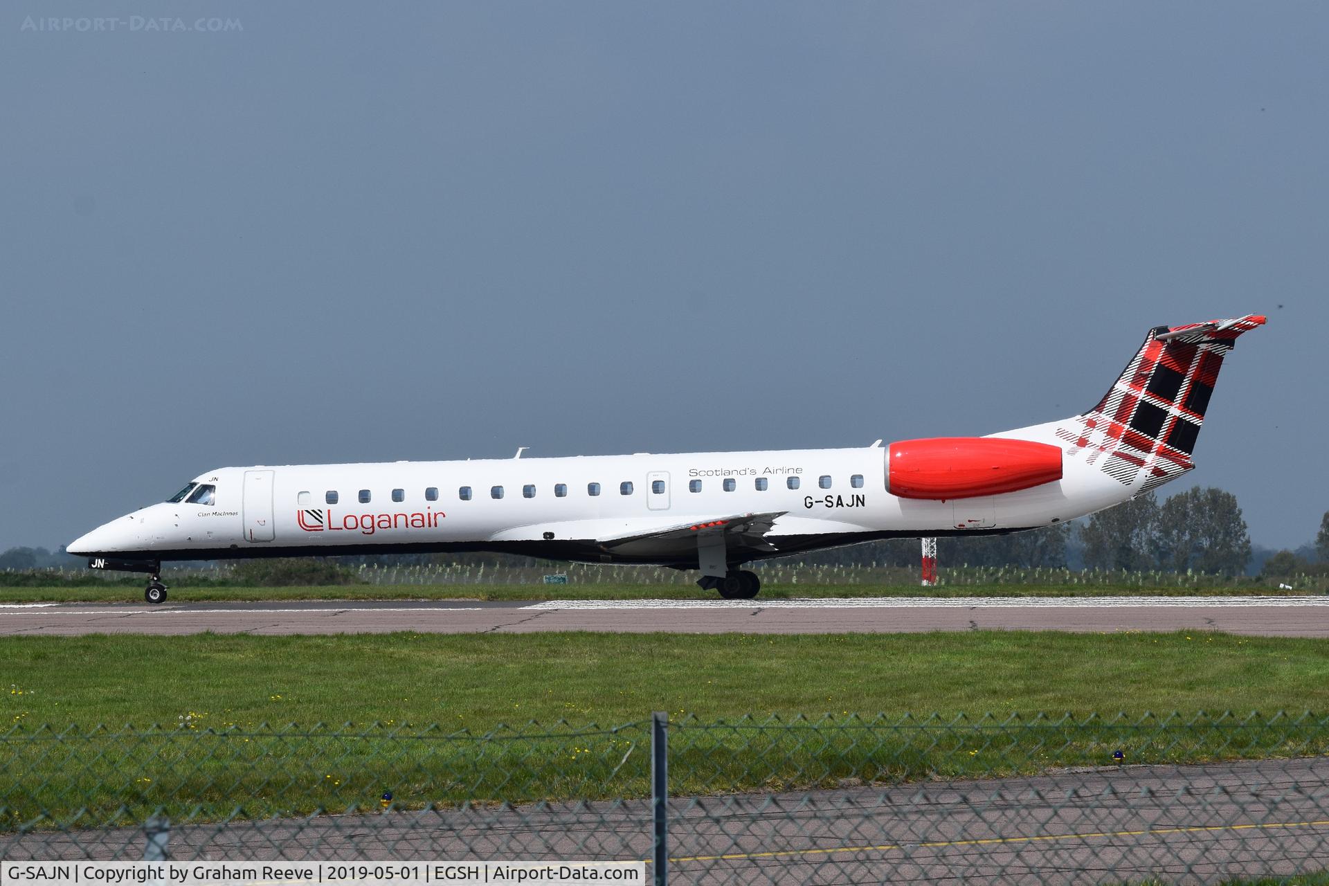 G-SAJN, 2000 Embraer EMB-145EP (ERJ-145EP) C/N 145207, Departing from Norwich.