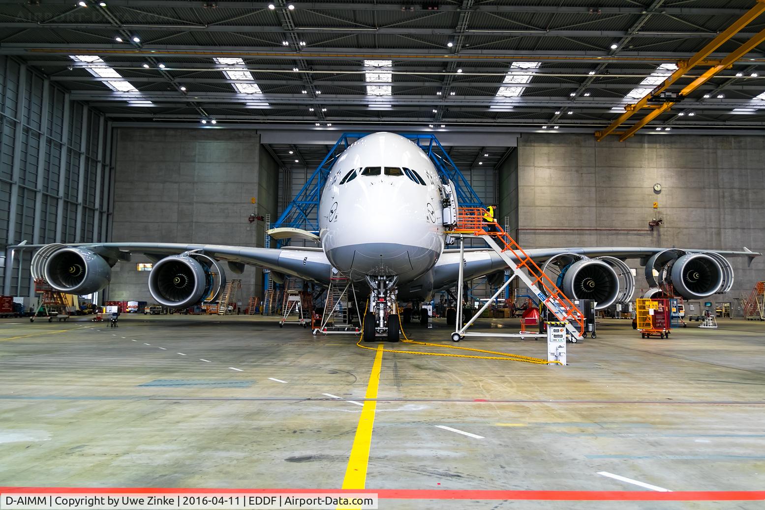 D-AIMM, 2014 Airbus A380-841 C/N 175, Inside of the maintenance A 380 building!C-check!! All engines open.