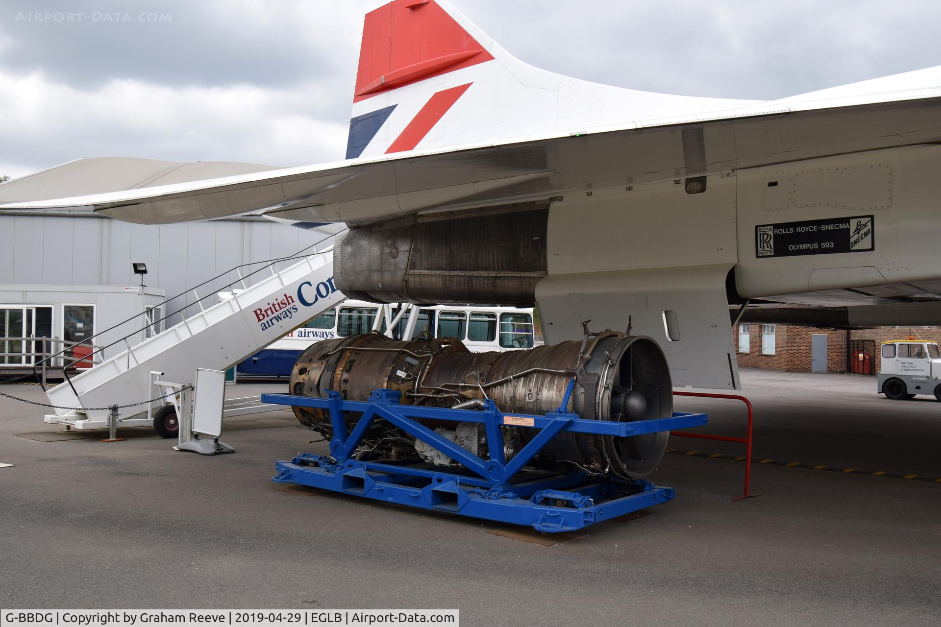 G-BBDG, 1973 BAC Concorde 100 C/N 202, On display at the Brooklands Museum with Olympus engine under the wing.
