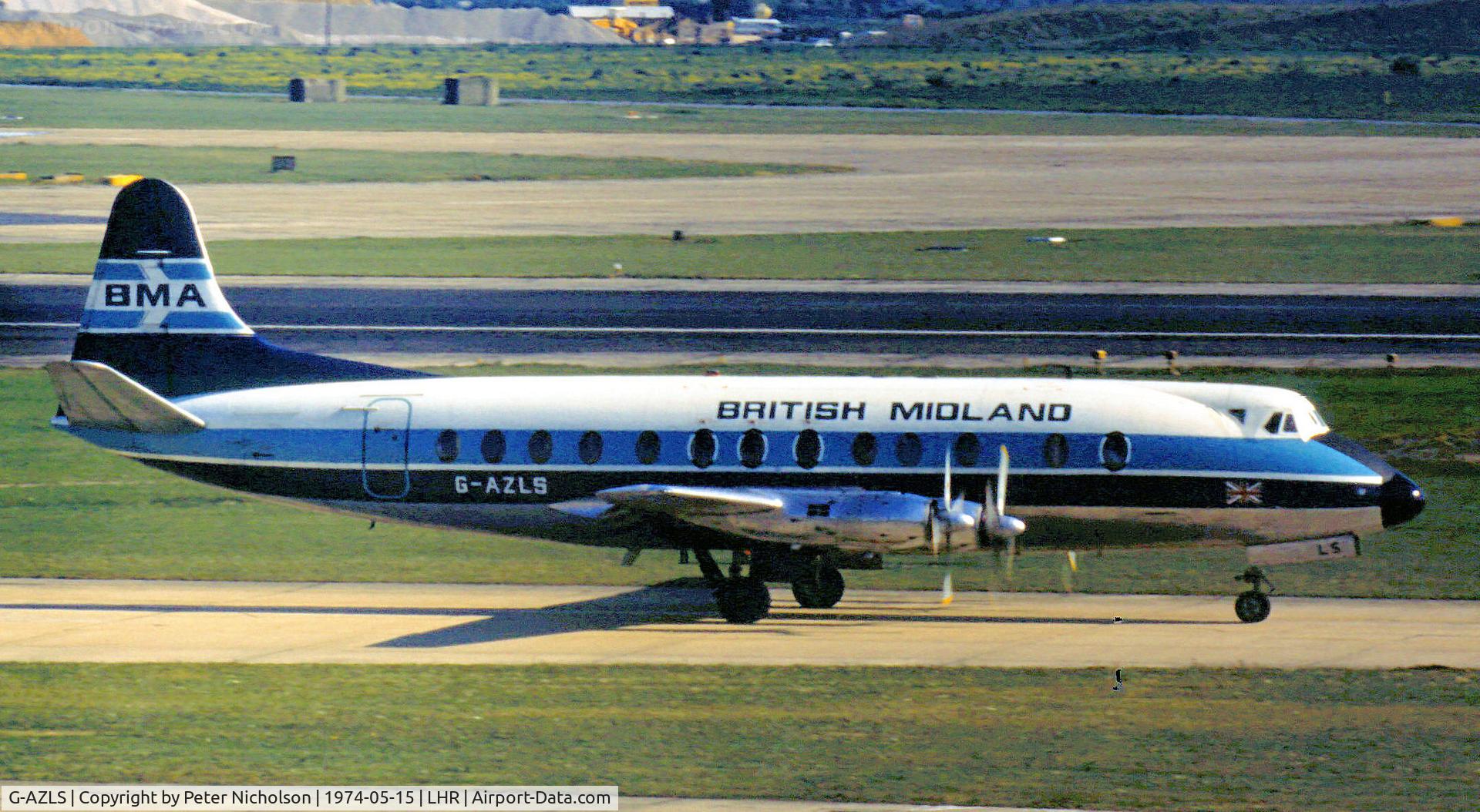 G-AZLS, 1958 Vickers Viscount 813 C/N 348, Viscount 813 of British Midland Airways as seen at Heathrow in the Spring of 1974