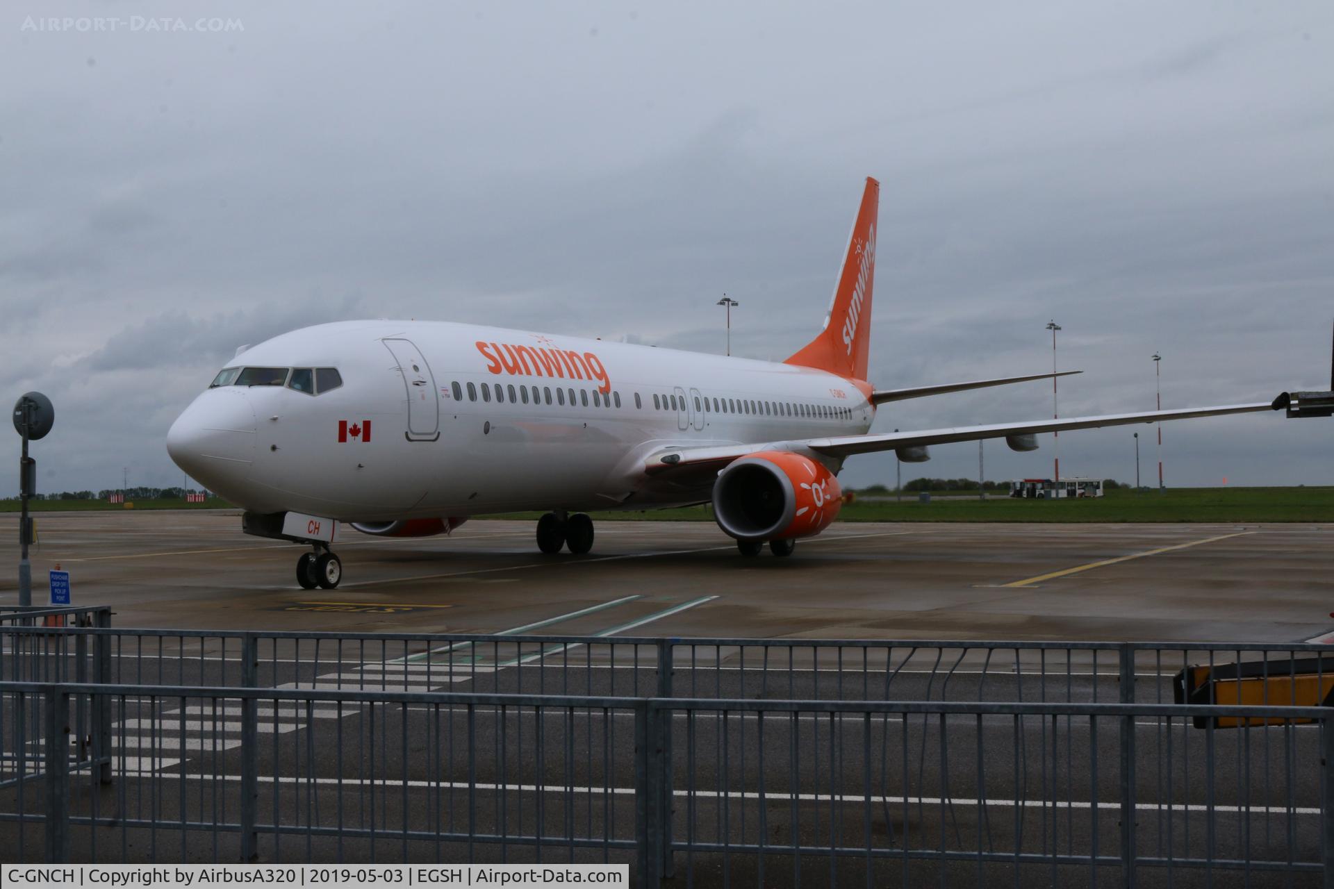 C-GNCH, 2014 Boeing 737-81D C/N 39438, Back for summer 2019 and sporting a new coat of paint
C-GNCH seen arriving on stand at Norwich