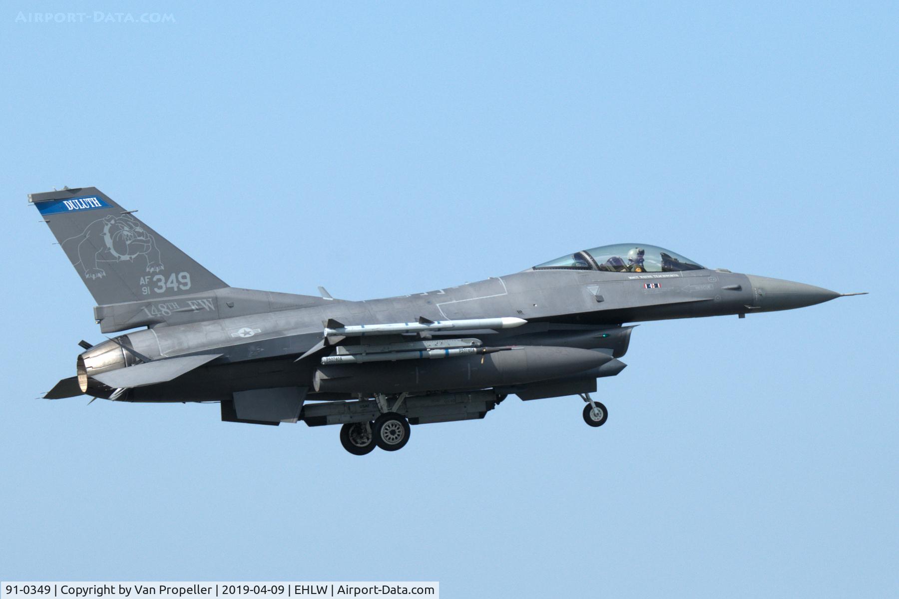 91-0349, 1991 General Dynamics F-16CJ Fighting Falcon C/N CC-47, Minnesota ANG F-16C landing at Leeuwarden air base, the Netherlands, Frisian Flag 2019