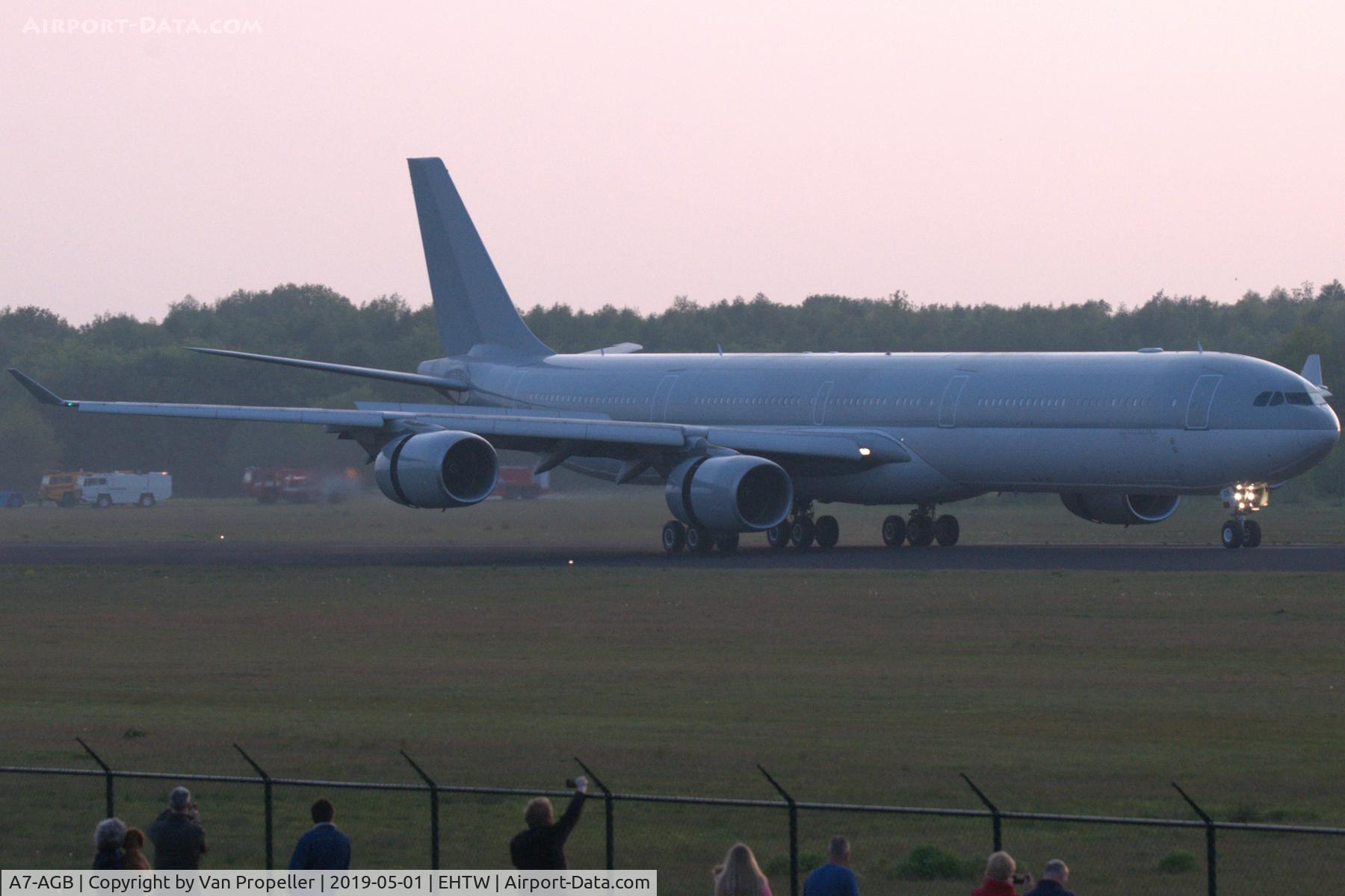 A7-AGB, 2005 Airbus A340-642X C/N 715, Qatar Airways Airbus A340-642 with markings removed during evening landing at Twente airport, the Netherlands. It will be scrapped here by AELS.