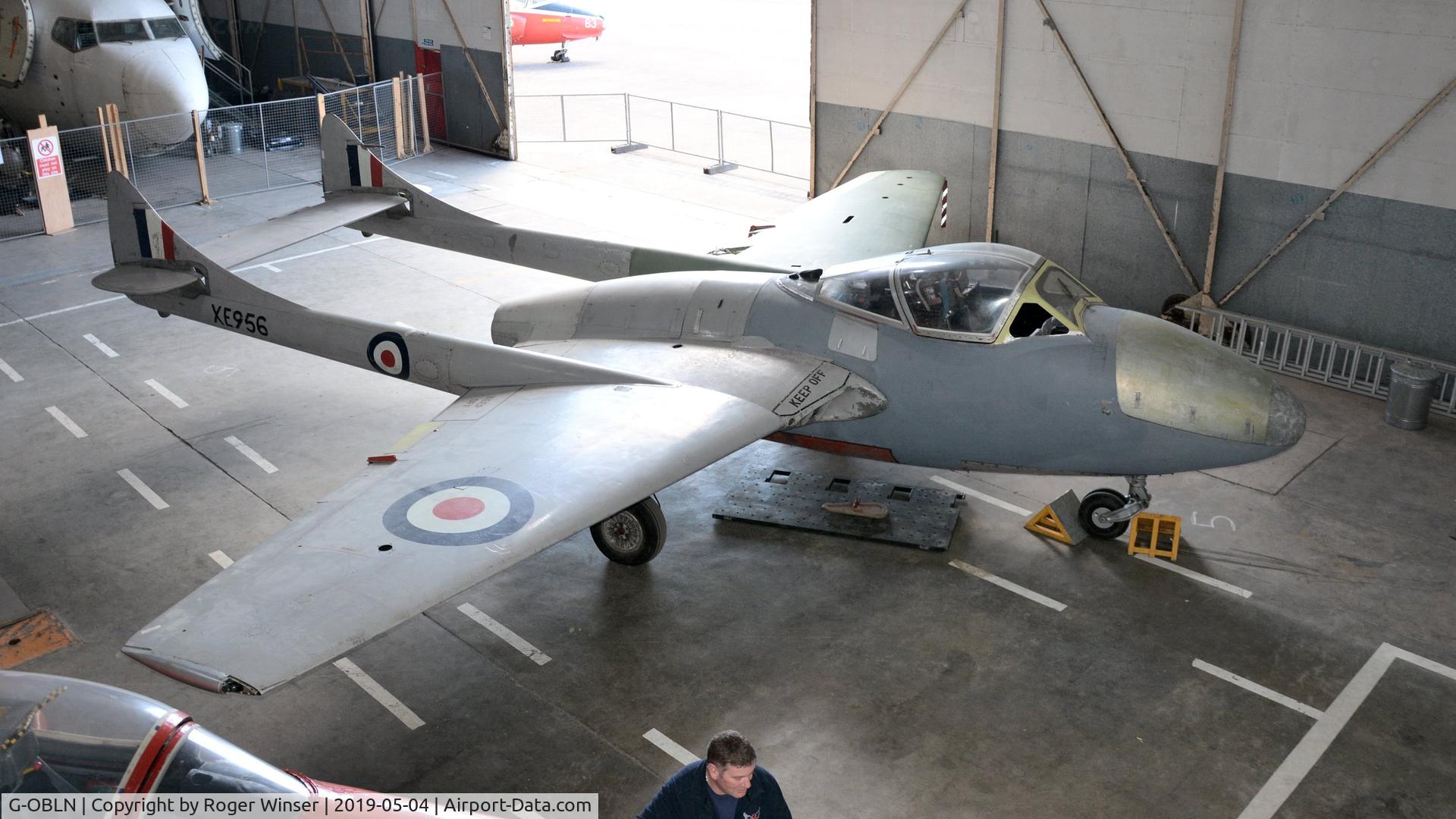 G-OBLN, 1955 De Havilland DH-115 Vampire T.11 C/N 48700, Former RAF Vampire aircraft XE956 on display at the South Wales Aviation Museum, Picketston Business Park, Saint Athan, Wales, UK.