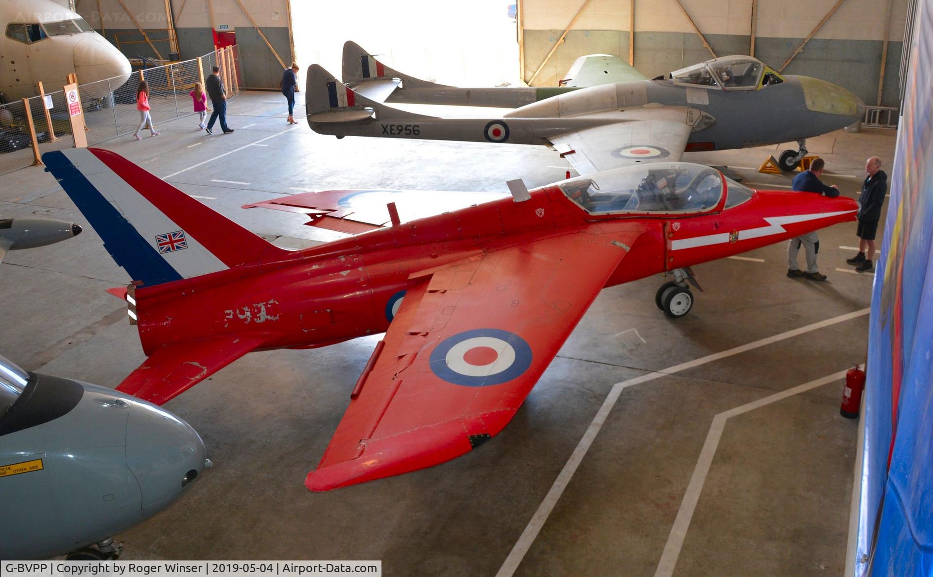 G-BVPP, 1963 Hawker Siddeley Gnat T.1 C/N FL536, Off airport. Former RAF Gnat XP534 in the colours and markings of Red Arrows aircraft XR993 on display at the South Wales Aviation Museum, Picketston Business Park, Saint Athan, Wales, UK.