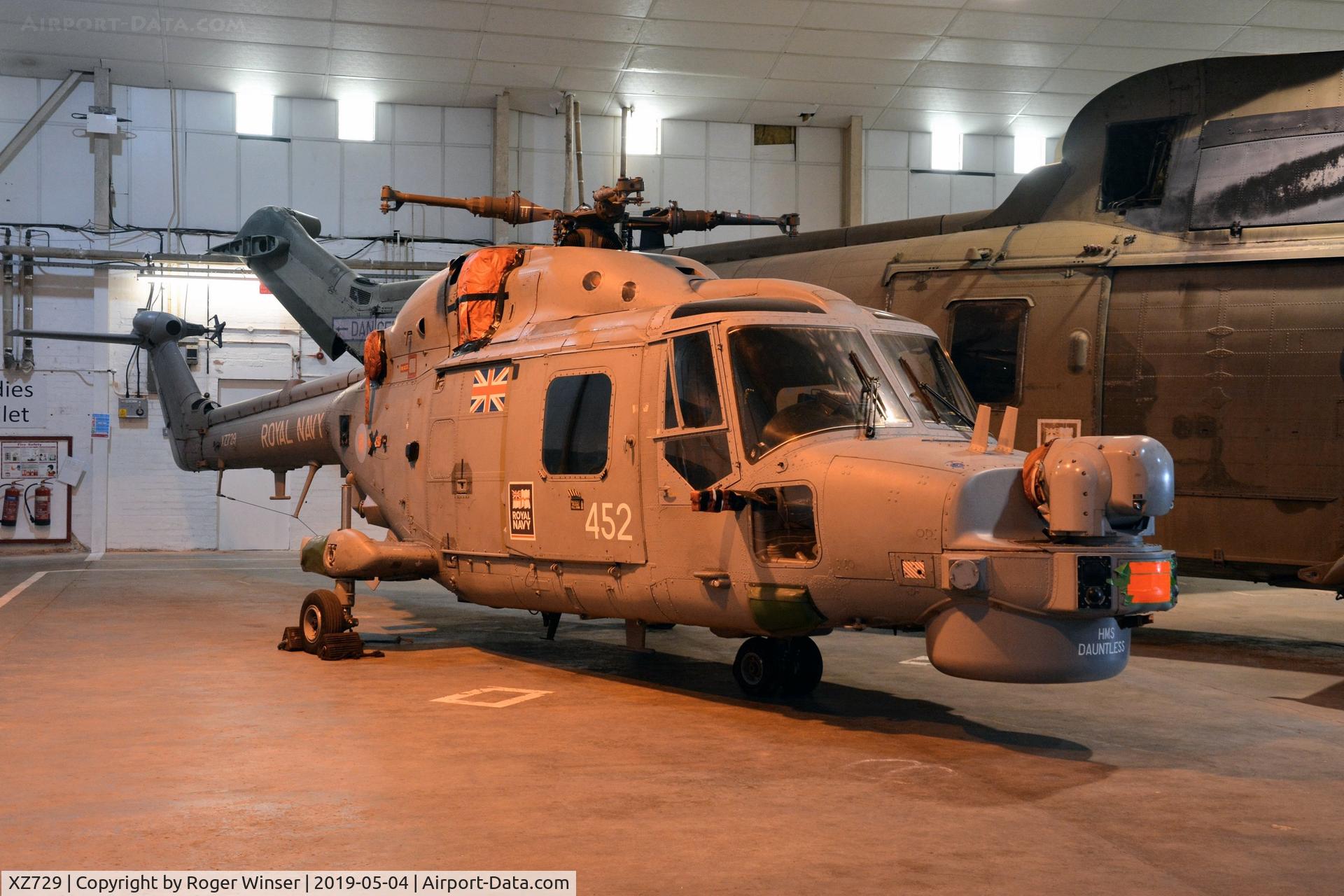 XZ729, Westland Lynx HMA.8DSP C/N 202, Off airport. Former Royal Navy Lynx helicopter coded 452/DT on display at the South Wales Aviation Museum, Picketston Business Park, Saint Athan, Wales,  UK.
