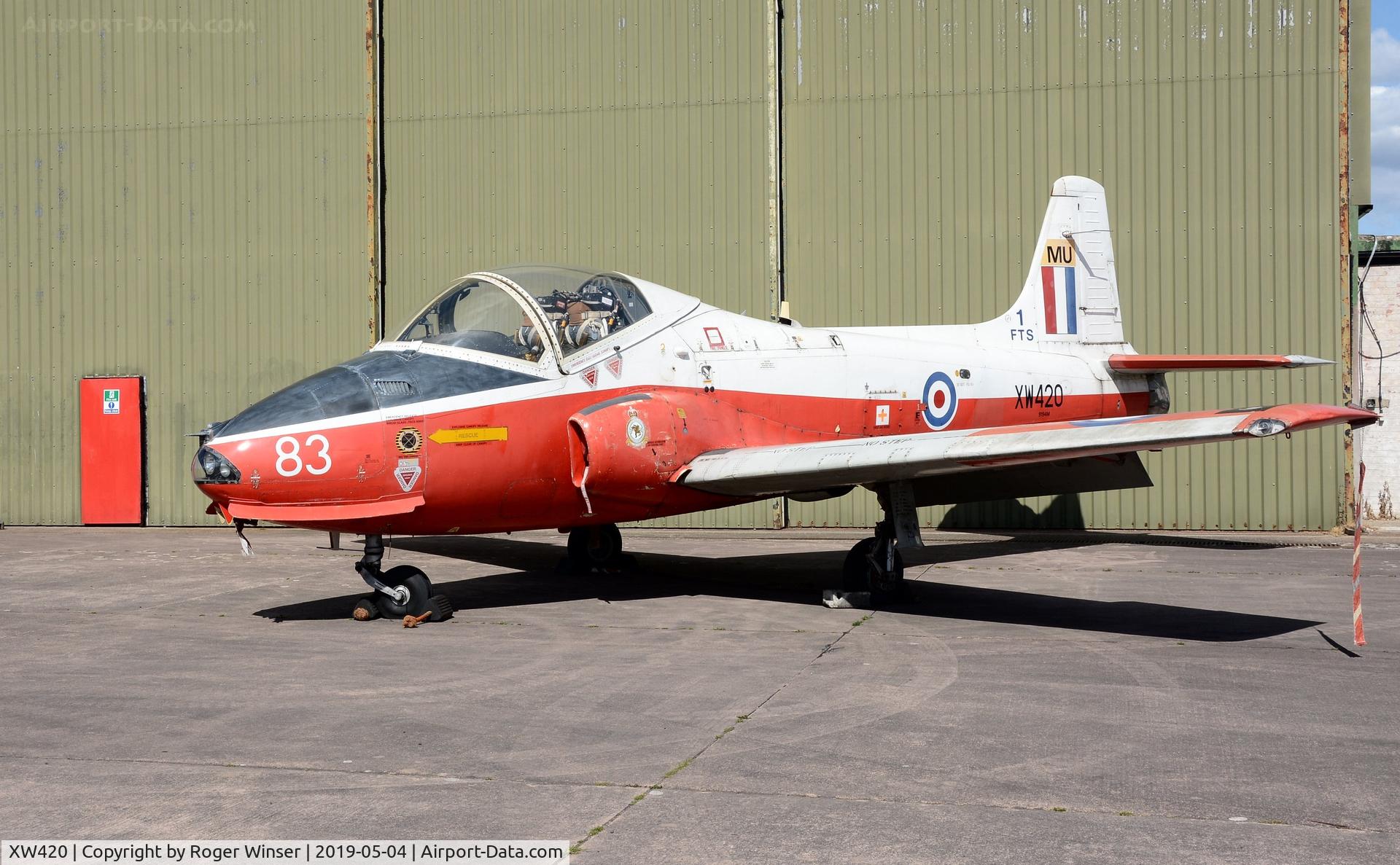 XW420, 1971 BAC 84 Jet Provost T.5A C/N EEP/JP/1042, Off airport. Former RAF JP aircraft on display at the South Wales Aviation Museum, Picketston Business Park, Saint Athan, Wales, UK.