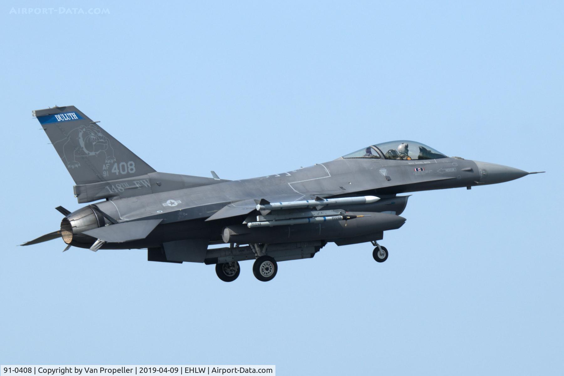 91-0408, General Dynamics F-16C Fighting Falcon C/N CC-106, Minnesota ANG F-16C landing at Leeuwarden air base, the Netherlands, Frisian Flag 2019