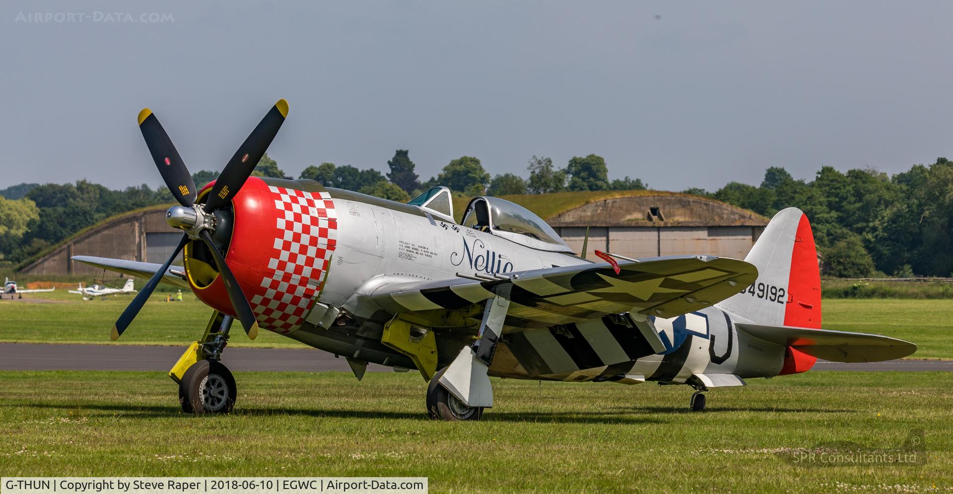 G-THUN, 1945 Republic P-47D Thunderbolt C/N 399-55731, G-THUN liveried as 549192 NELLIE F4-J of the 492nd Fighter Squadron, 48th Fighter Group, 9th Air Force