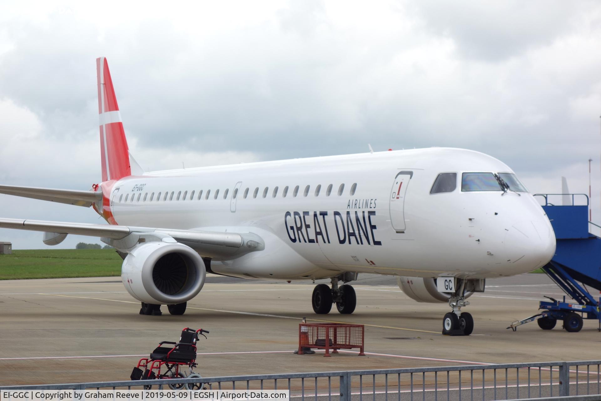 EI-GGC, 2008 Embraer 195LR (ERJ-190-200LR) C/N 19000213, On stand at Norwich.