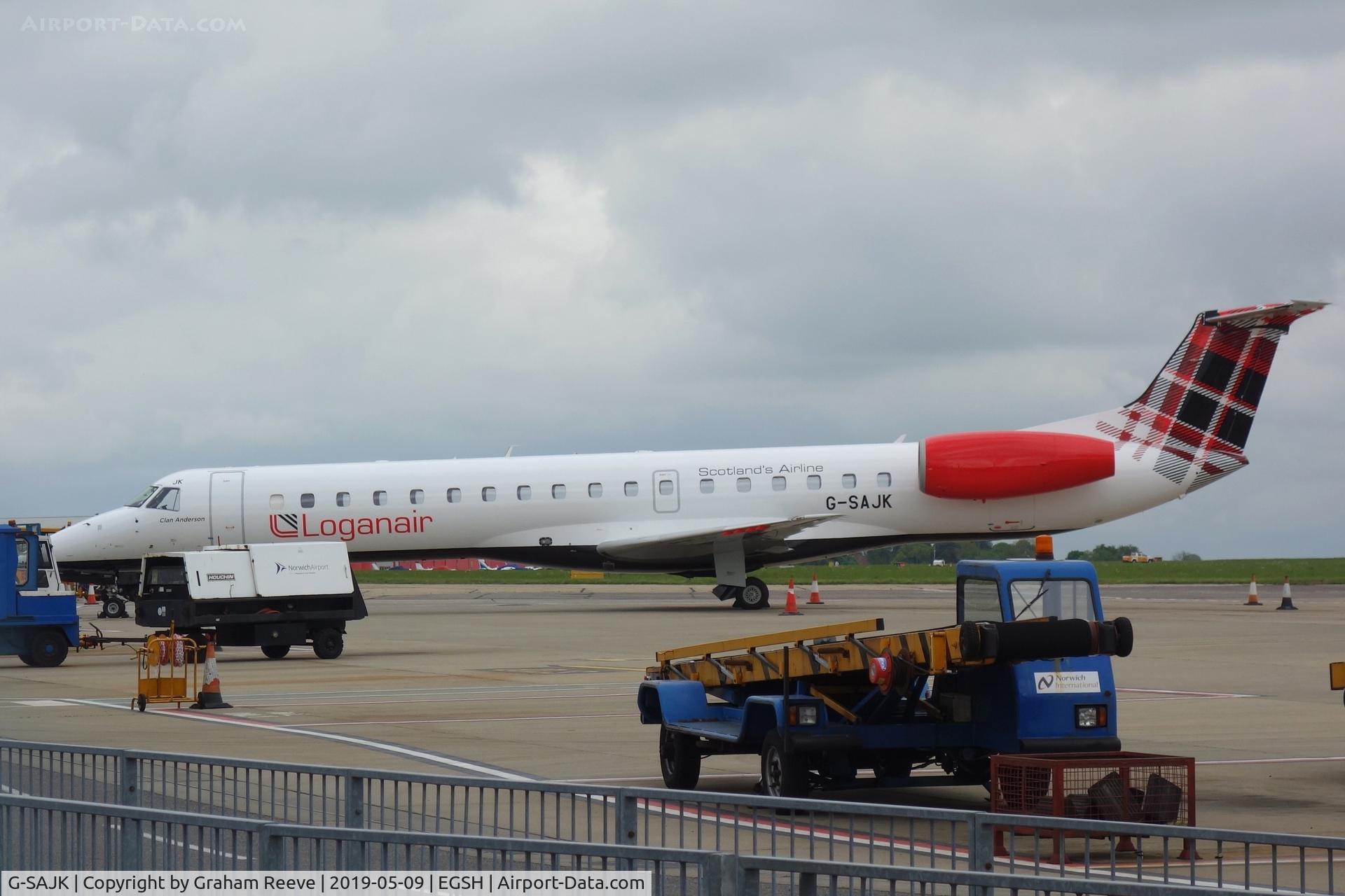 G-SAJK, 1999 Embraer EMB-145EP (ERJ-145EP) C/N 145153, On stand at Norwich.