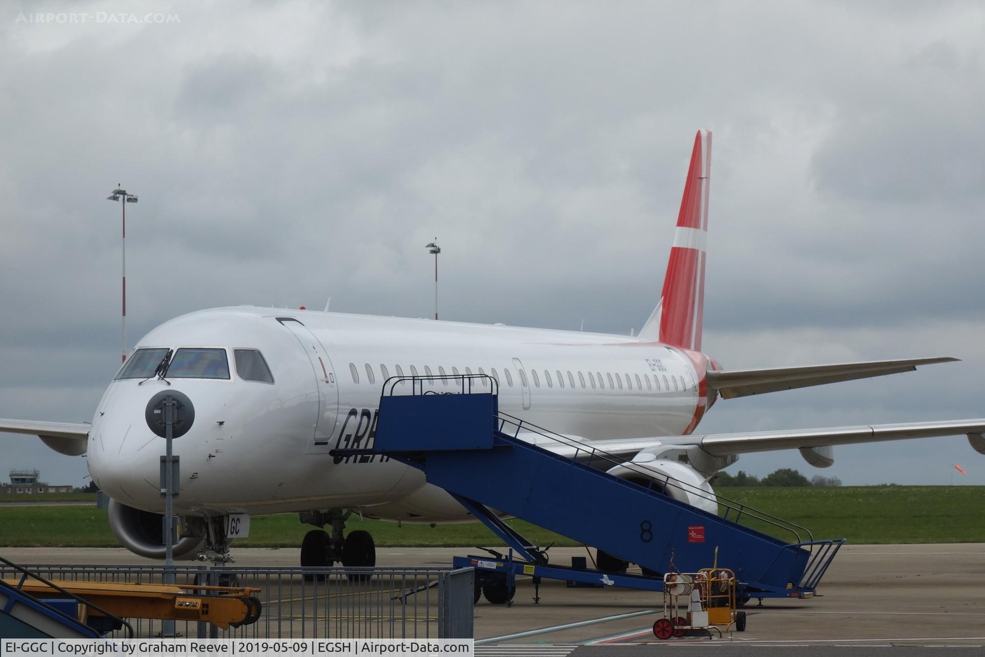 EI-GGC, 2008 Embraer 195LR (ERJ-190-200LR) C/N 19000213, On stand at Norwich.