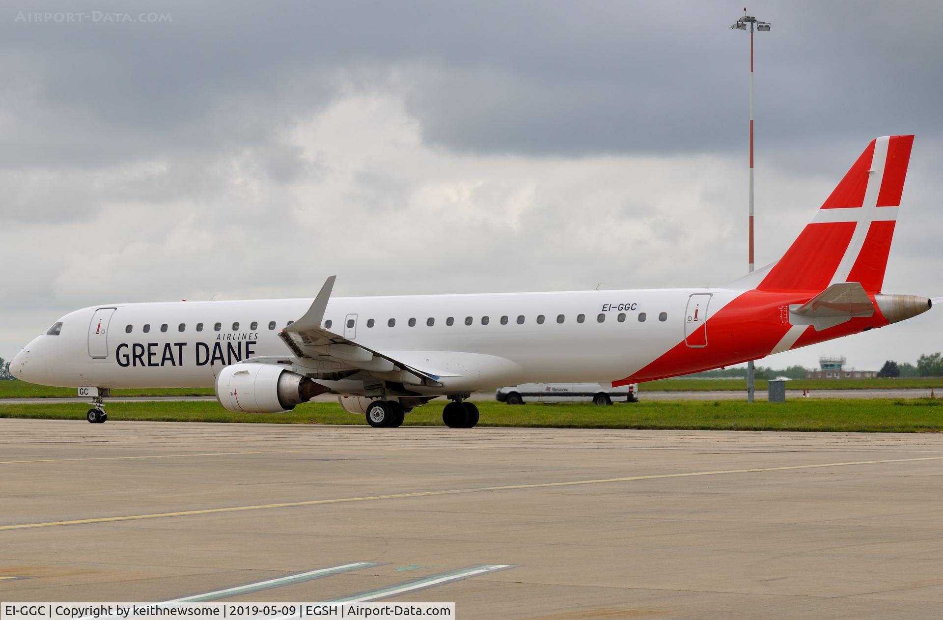 EI-GGC, 2008 Embraer 195LR (ERJ-190-200LR) C/N 19000213, Great Dane Airlines leaving Norwich for Dublin.