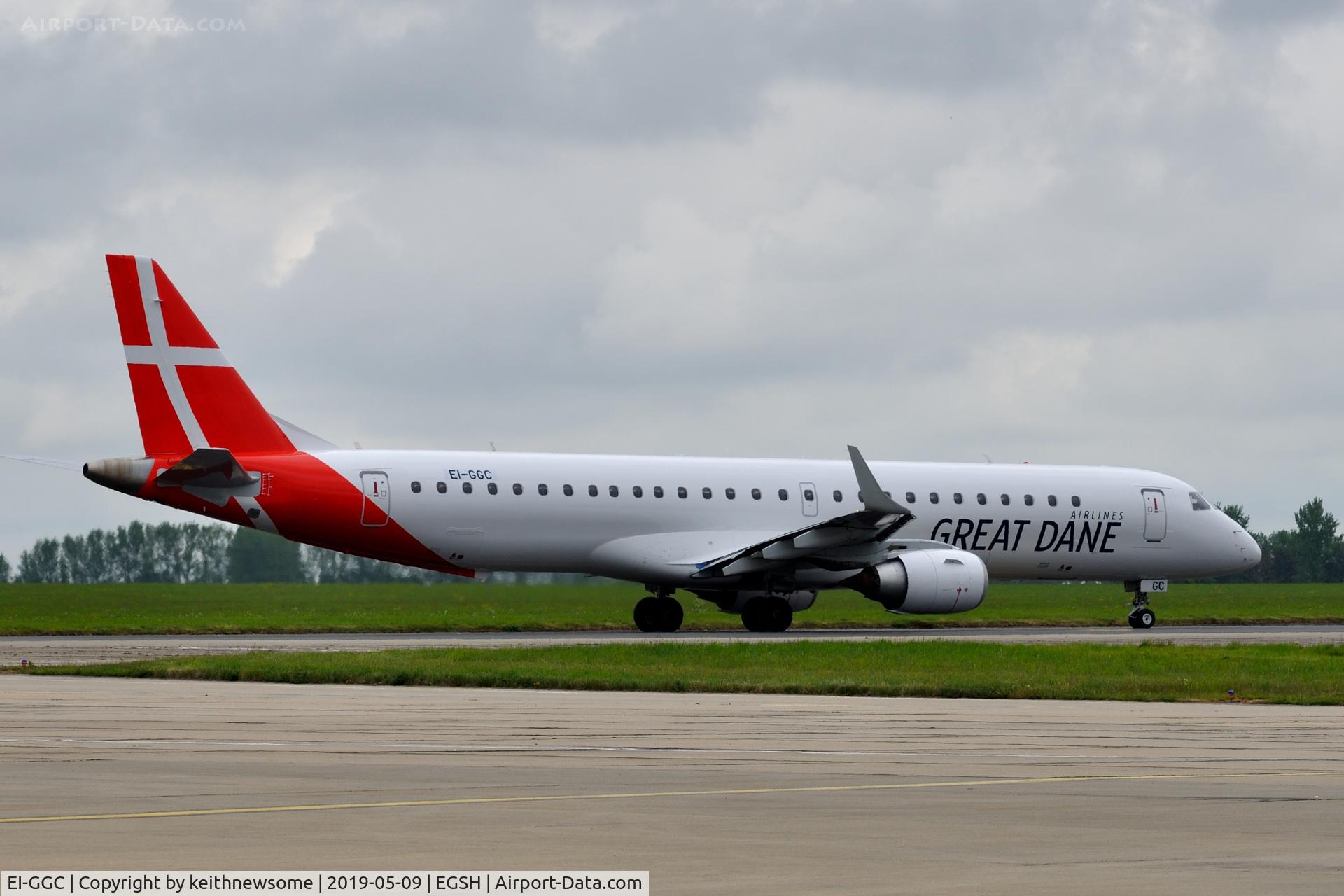 EI-GGC, 2008 Embraer 195LR (ERJ-190-200LR) C/N 19000213, Great Dane Airlines leaving Norwich for Dublin.