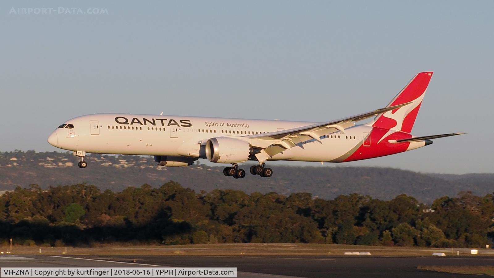 VH-ZNA, 2017 Boeing 787-9 Dreamliner C/N 39038, Boeing 787-9. Qantas VH-ZNA. R03 YPPH 16/06/18. In a setting Winter Sun.
