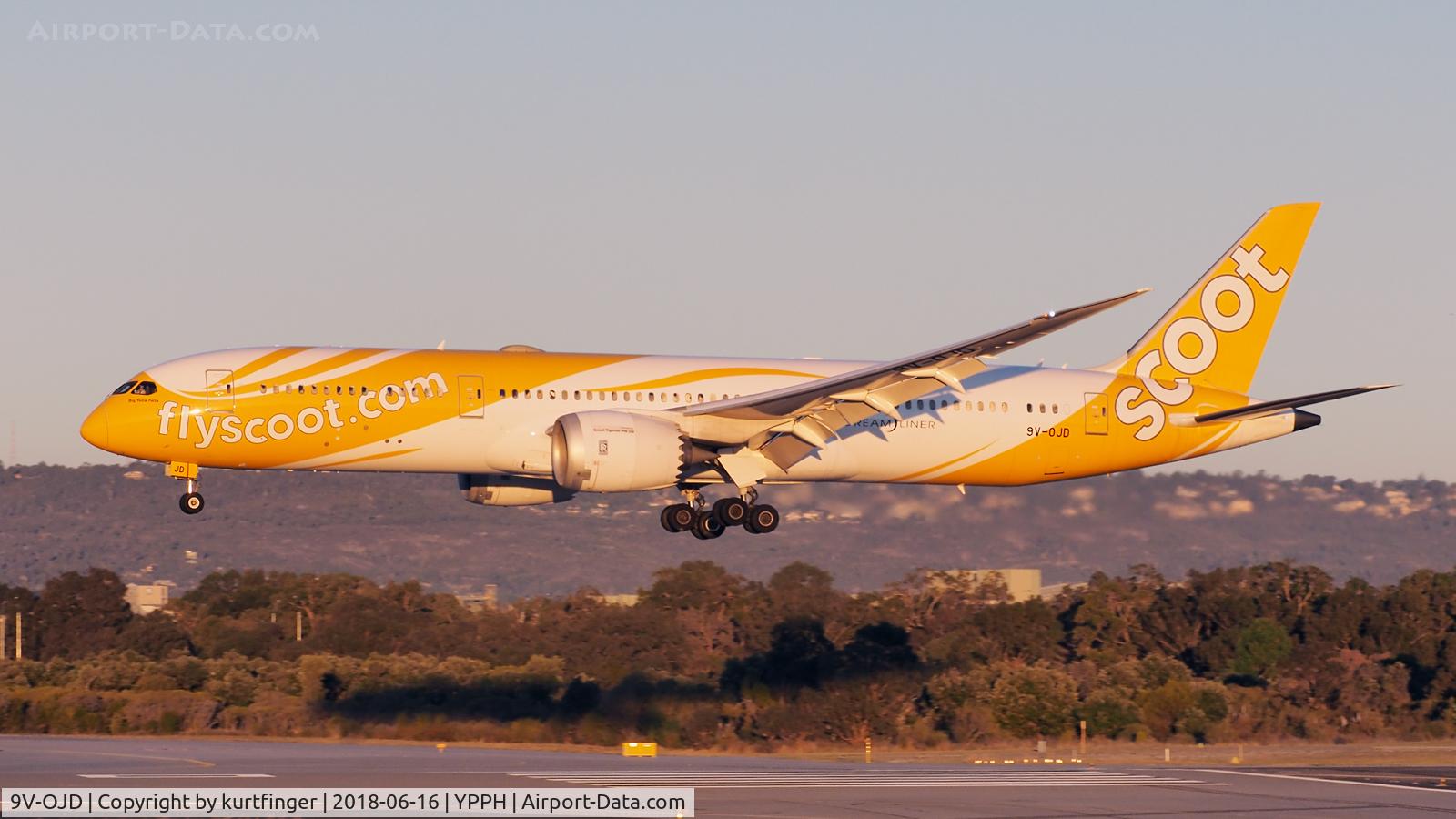 9V-OJD, 2015 Boeing 787-9 Dreamliner Dreamliner C/N 37115, Boeing 787-9. Scoot 9V-OJD. R03 YPPH 16/06/18. In the setting Winter Sun.
