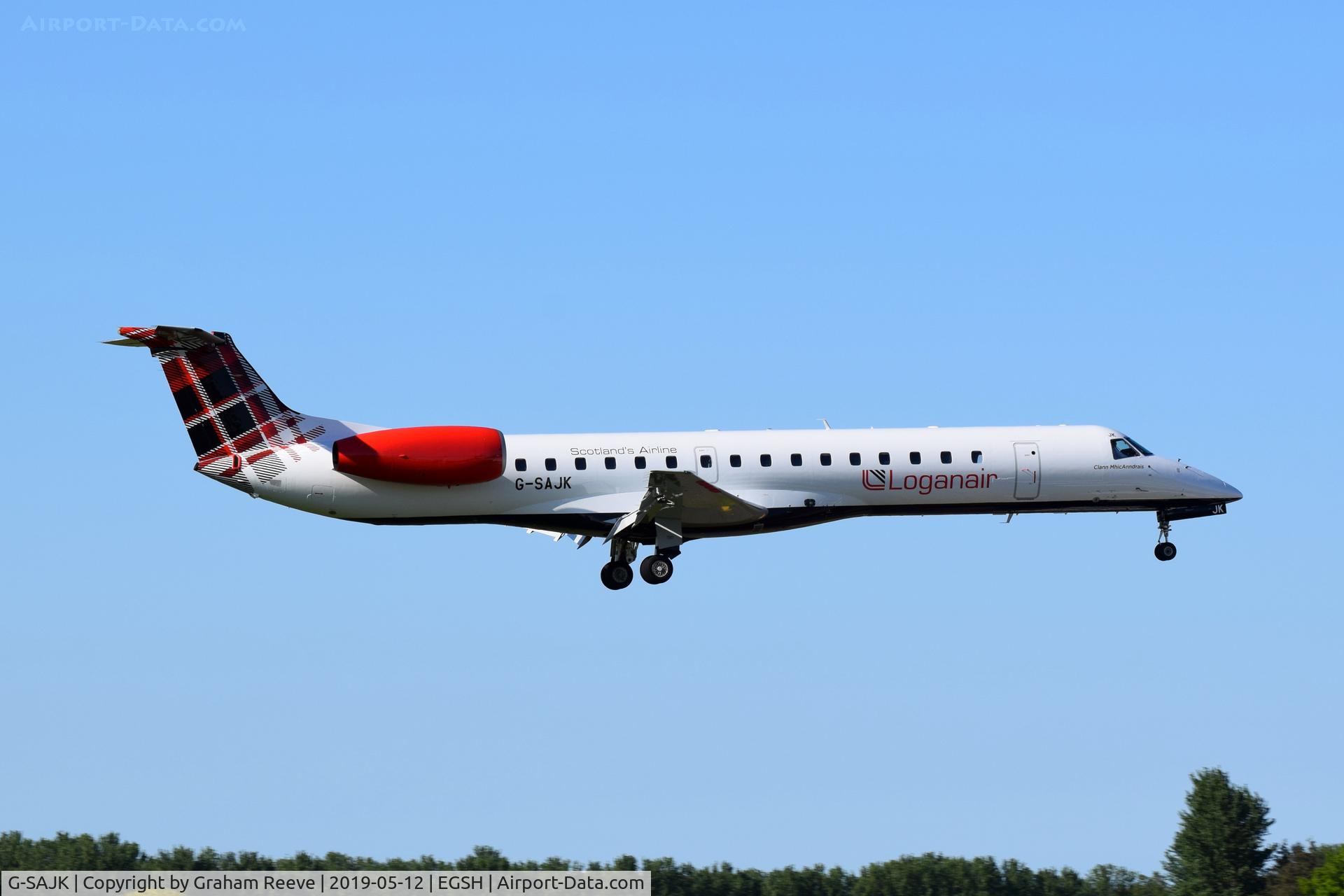 G-SAJK, 1999 Embraer EMB-145EP (ERJ-145EP) C/N 145153, Landing at Norwich.