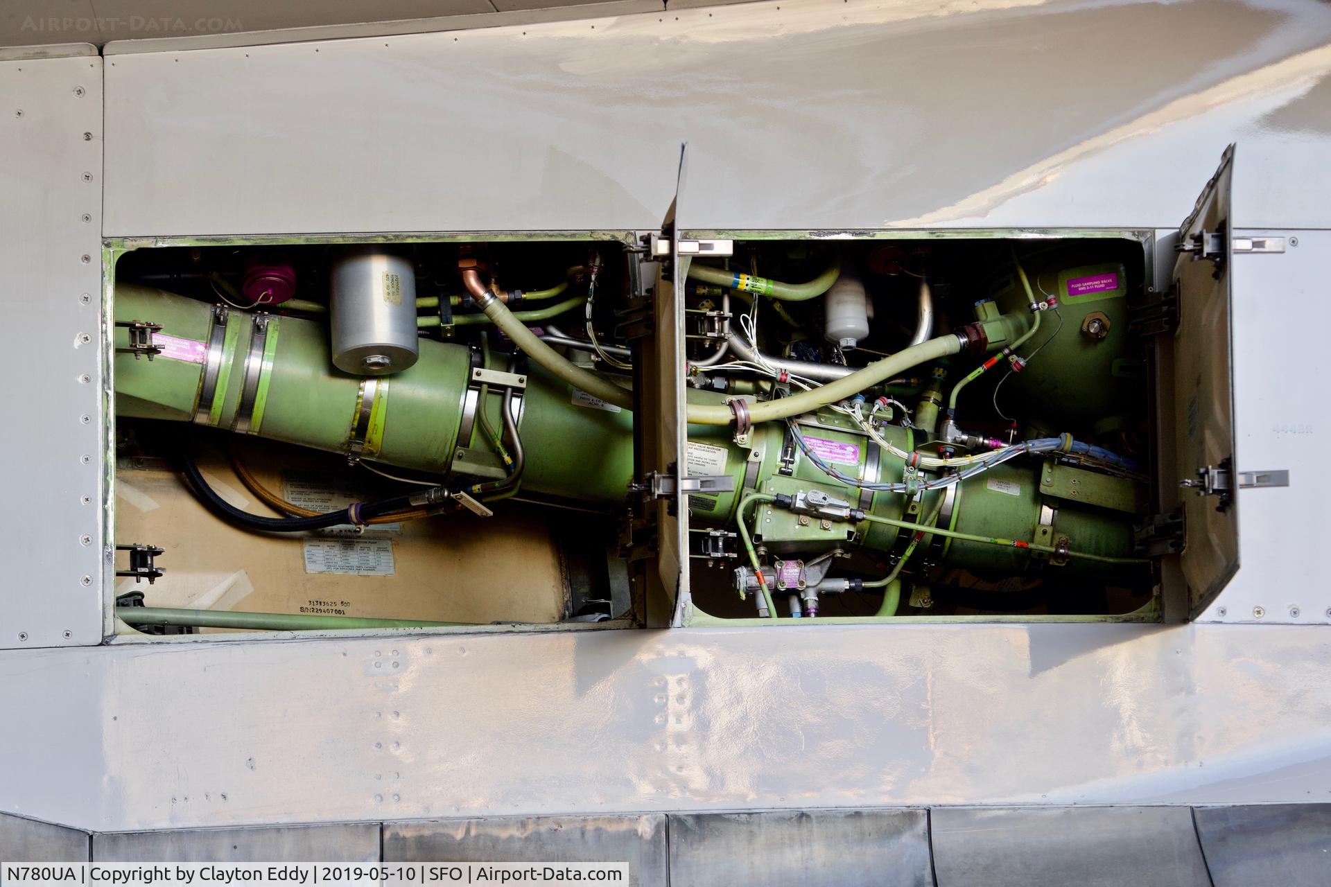 N780UA, 1996 Boeing 777-222 C/N 26944, Engine pylon area. SFO 2019.
